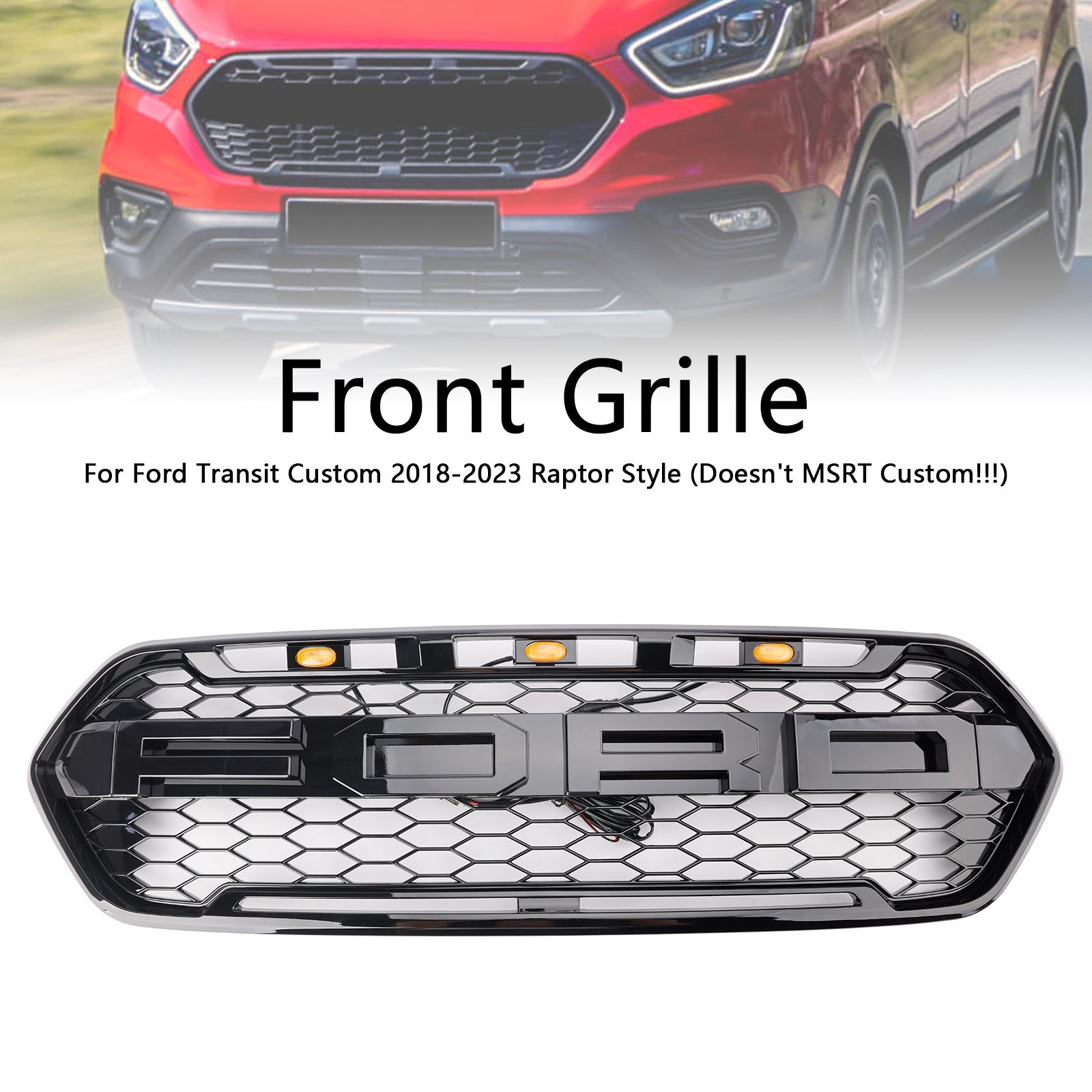 2018-2023 W/ 3LED Gloss Black Ford Transit Custom Trail W/ 3LED Front Bumper Grille