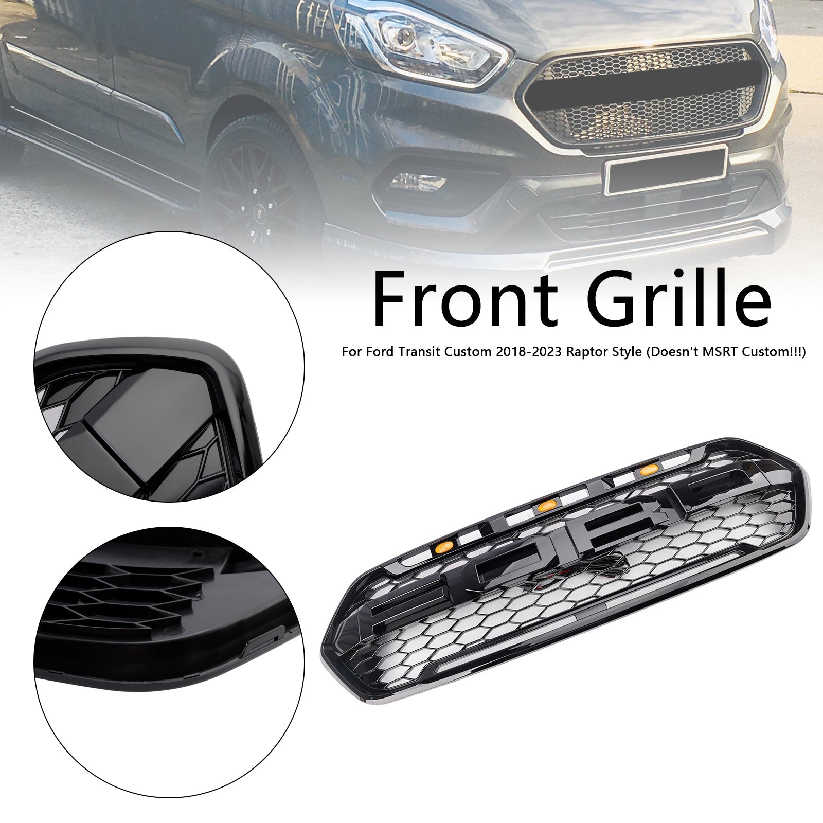 2018-2023 W/ 3LED Gloss Black Ford Transit Custom Trail W/ 3LED Front Bumper Grille