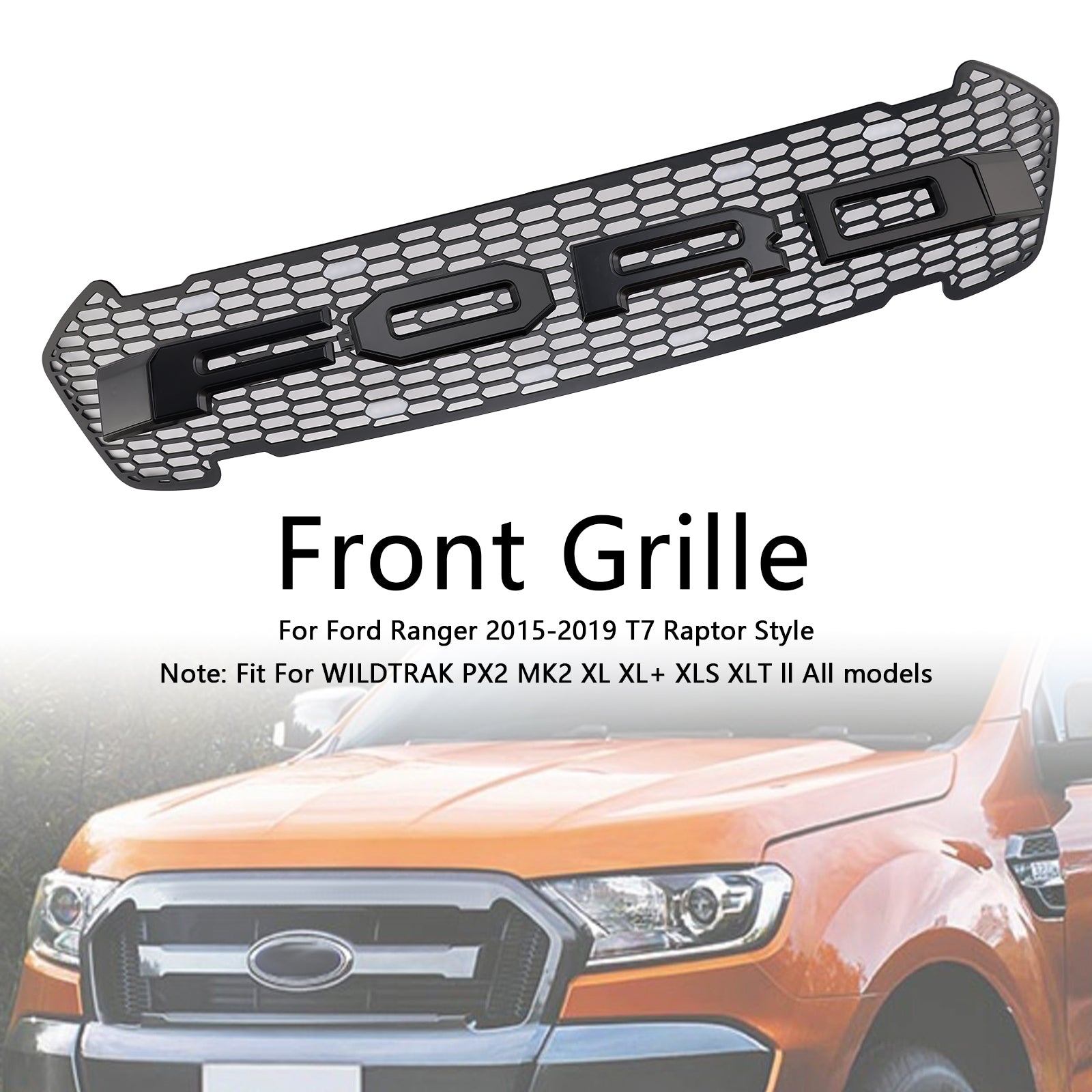 Matte Black Front Bumper Grill Grille Fit Ford Ranger 2015-2019 T7 W/LED