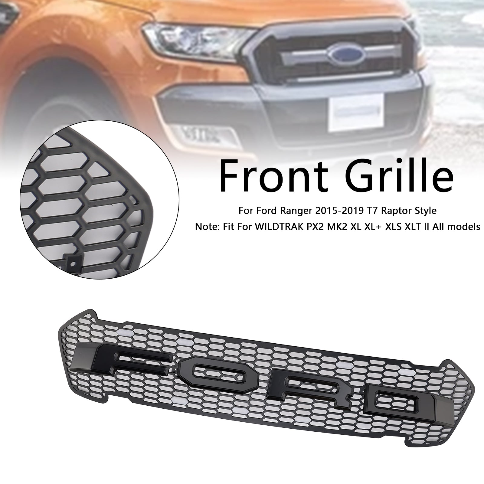 Matte Black Front Bumper Grill Grille Fit Ford Ranger 2015-2019 T7 W/LED