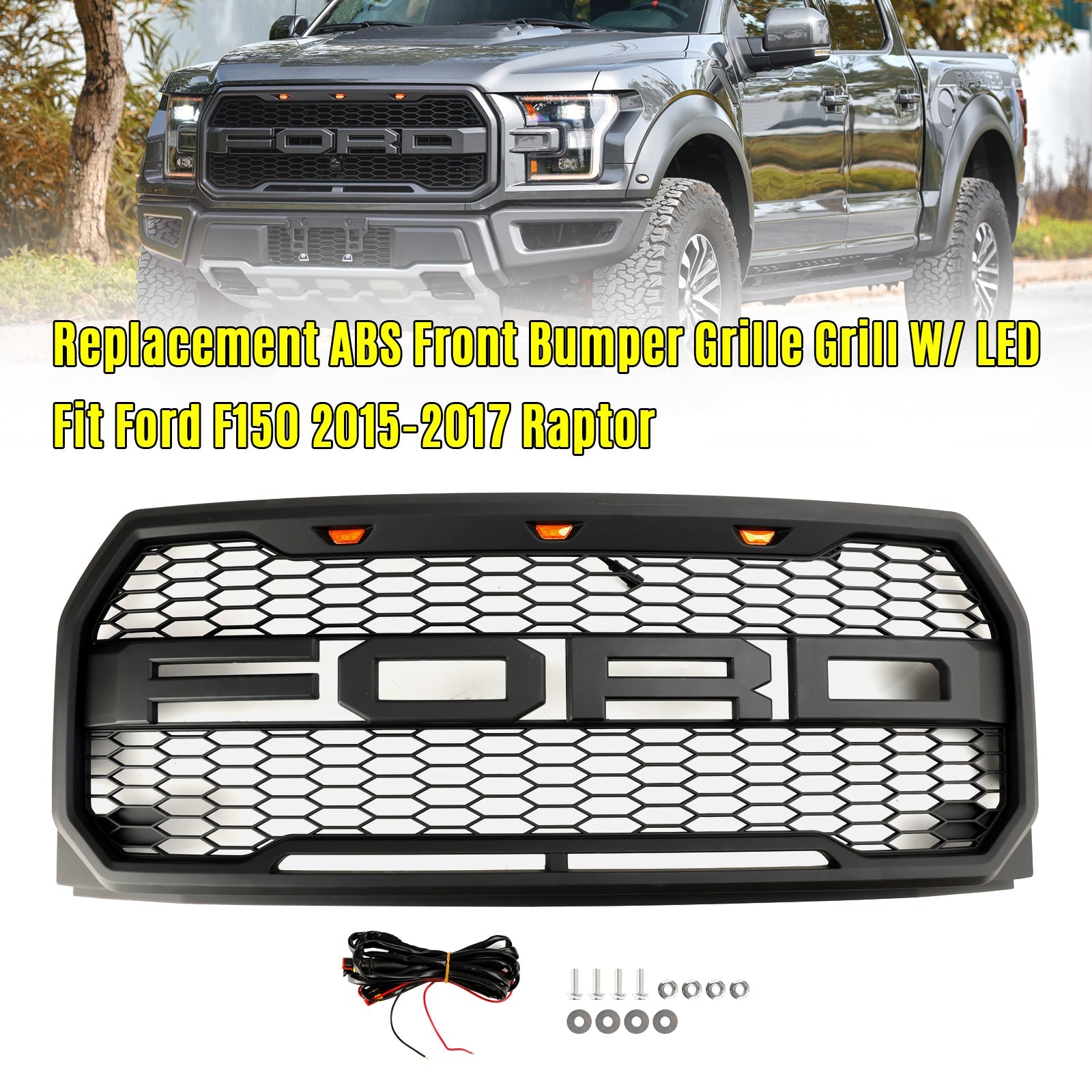 2015-2017 Ford F150 Raptor Style W/ LED Replacement Front Bumper Grill Grille