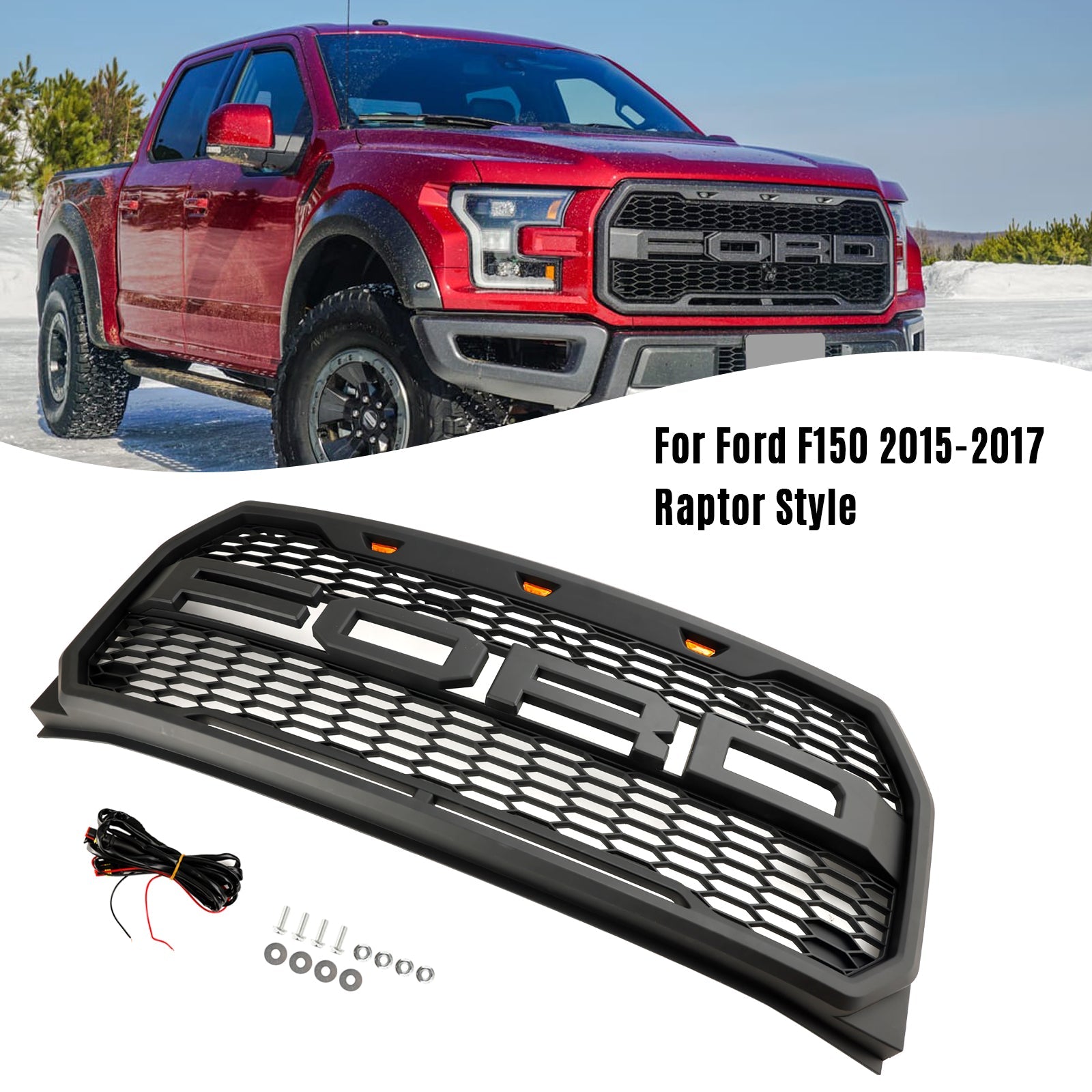 2015-2017 Ford F150 Raptor Style W/ LED Replacement Front Bumper Grill Grille