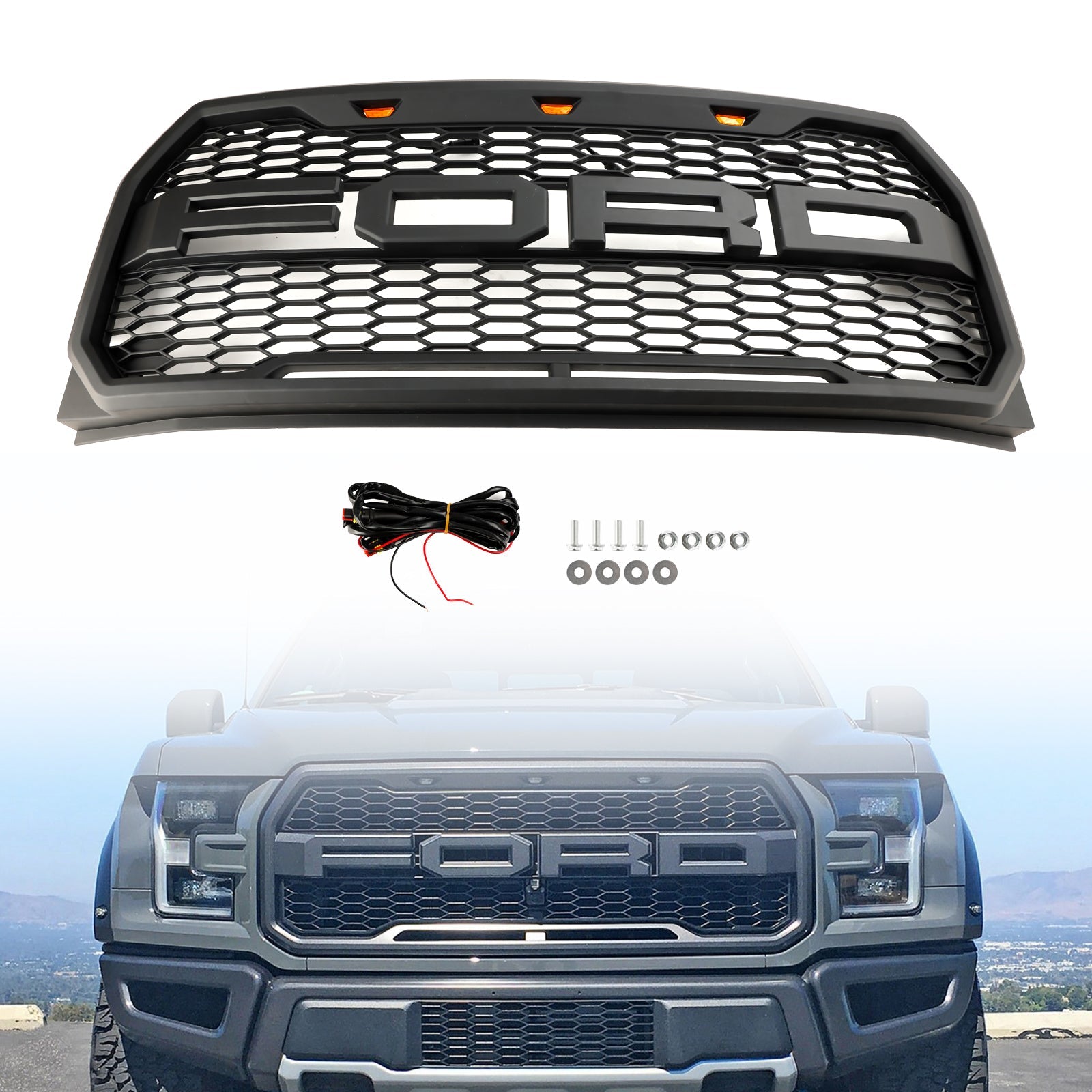 2015 2016 2017 Ford F150 Raptor Style W/ LED Replacement Front Bumper Grill Grille