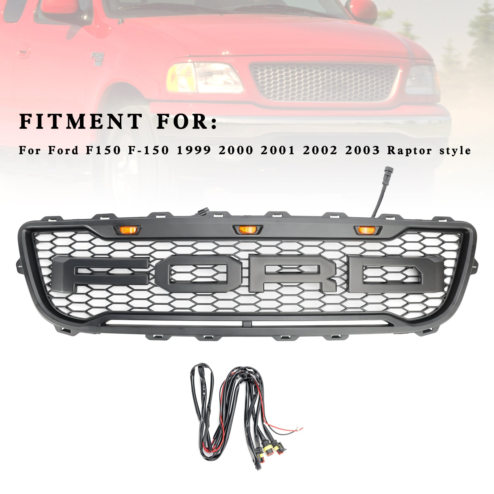 1999-2003 Ford F150 W/ Led Raptor style Matte Black Front Honeycomb Bumper Grille Grill