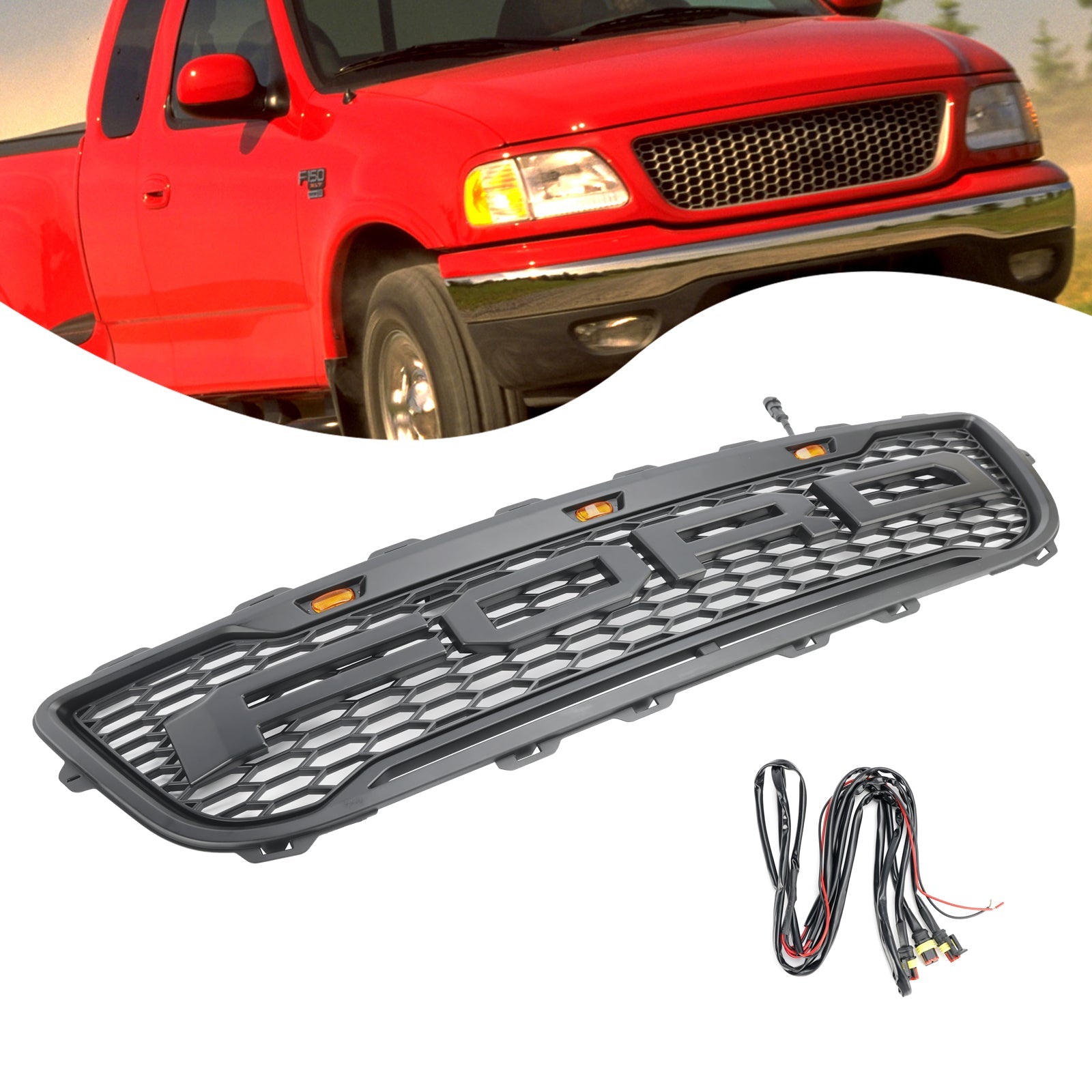 1999-2003 Ford F150 W/ Led Raptor style Matte Black Front Honeycomb Bumper Grille Grill