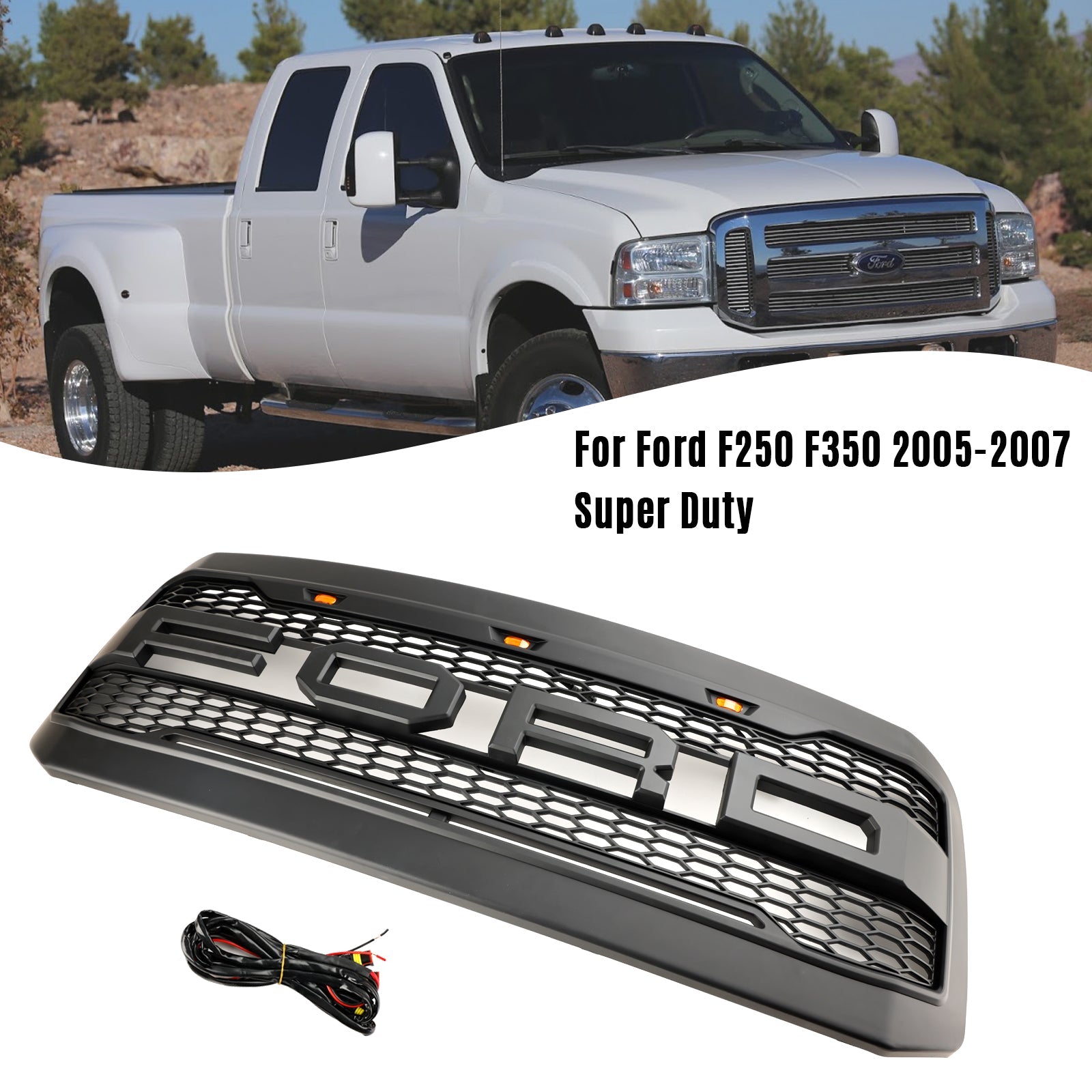 2005-2007 Ford F250 F350 Super Duty W/ LED Front Bumper Grill Grille