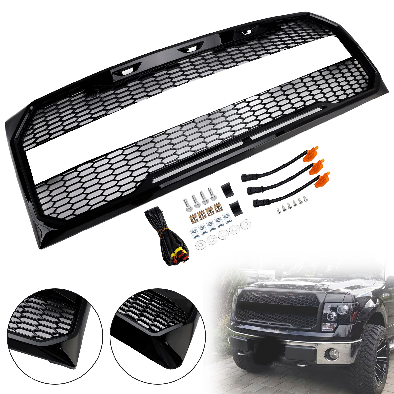 Gloss Black Raptor Style Front Bumper Grille Grill Fit Ford F150 2009-2014