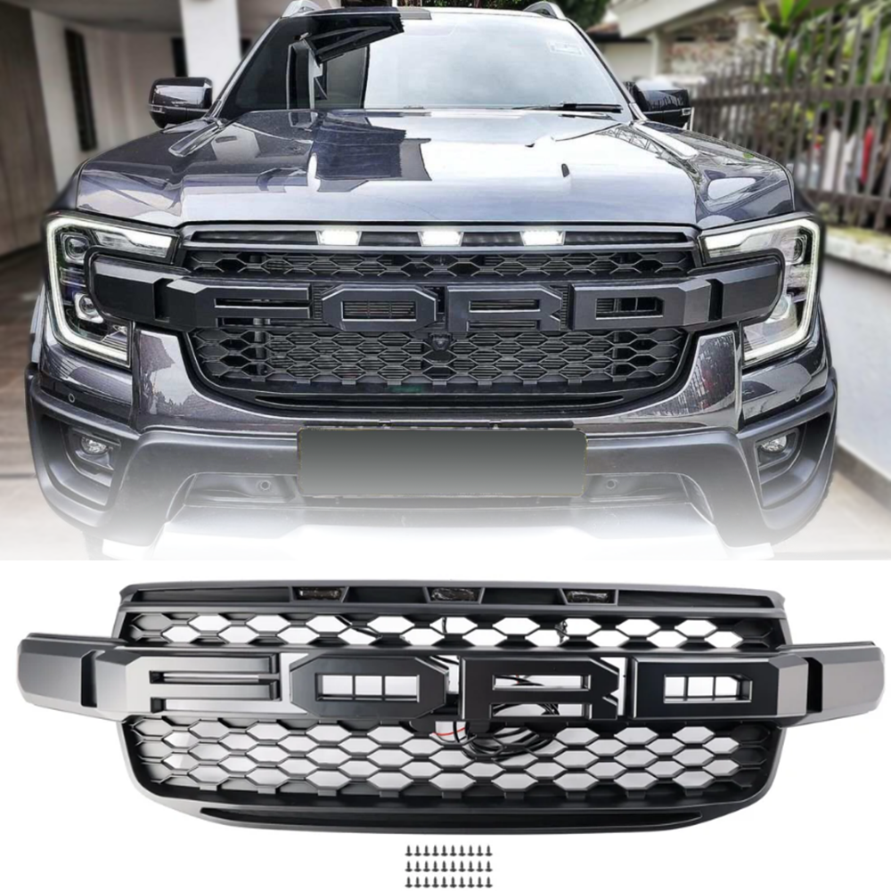 Ford Ranger 2023 2024 2025 Front Grill Raptor Black Grille With White LED Light With Camera Mount