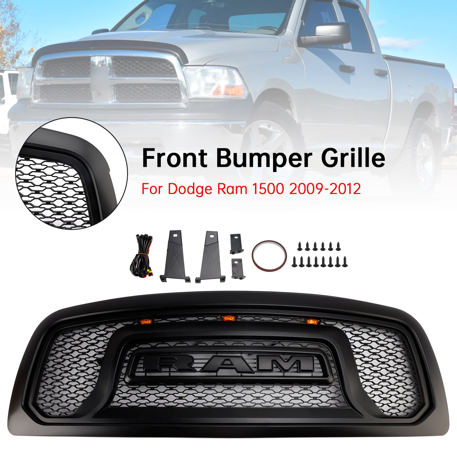 2009-2012 Dodge Ram 1500 W/ Led Light Black Front Bumper Grill Grille