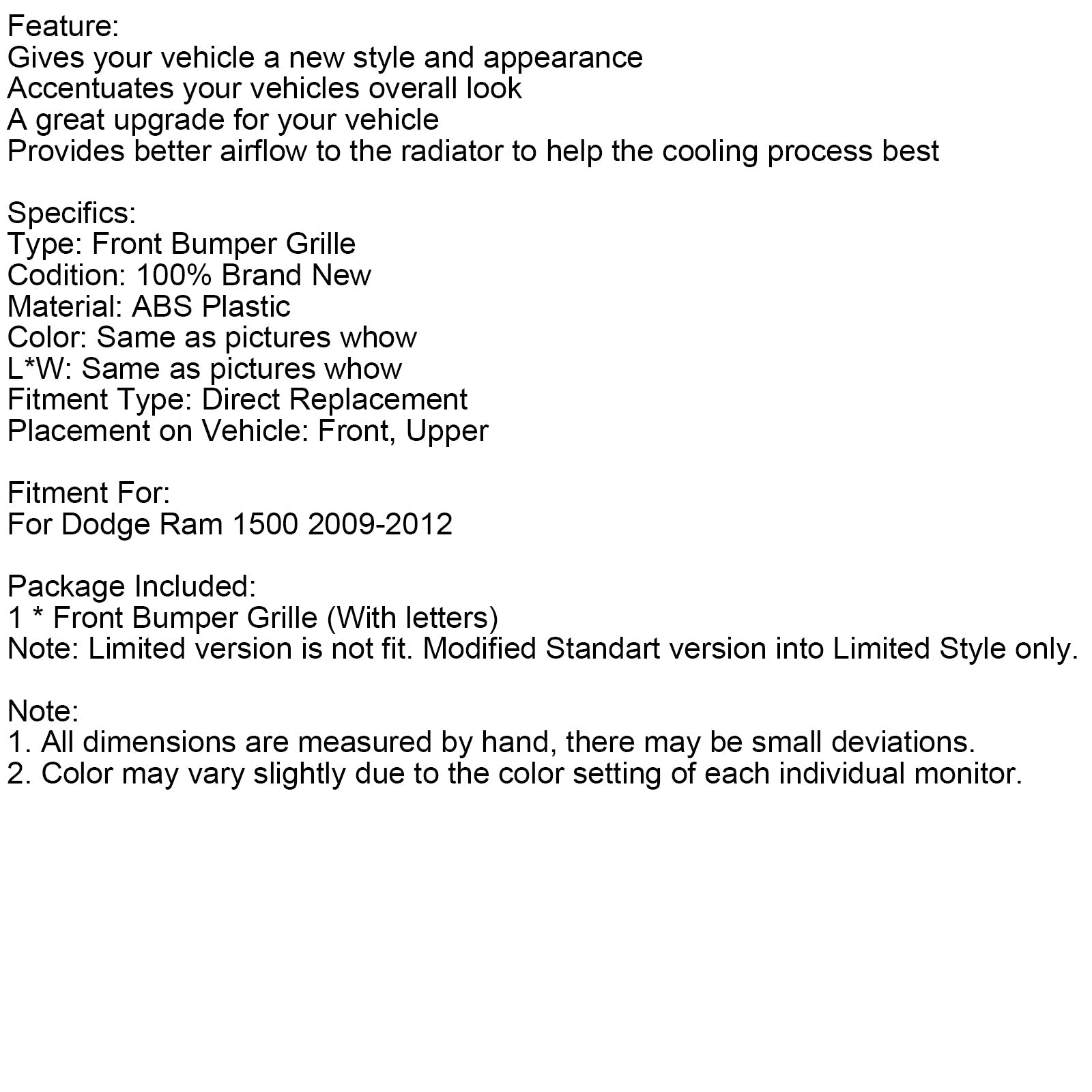 2009-2012 Dodge Ram 1500 W/ Led Light LTD Style Front Bumper Grill Grille