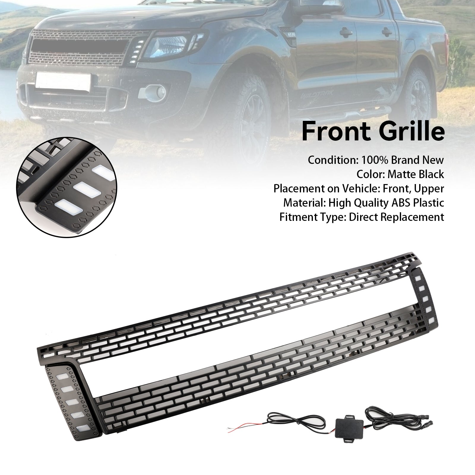 Matt Black Front Bumper Grill Grille Fit 2012-2014 Ford Ranger T6 w/ LED Light