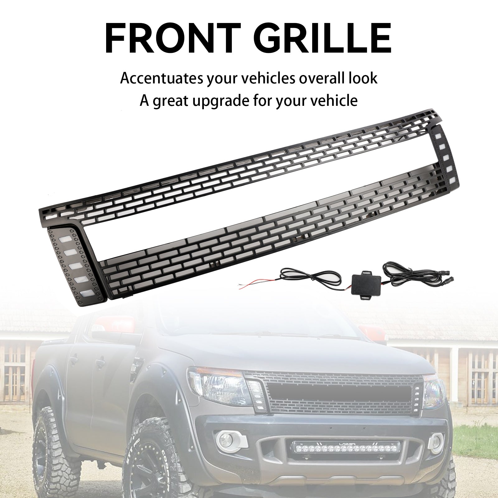 Matt Black Front Bumper Grill Grille Fit 2012-2014 Ford Ranger T6 w/ LED Light