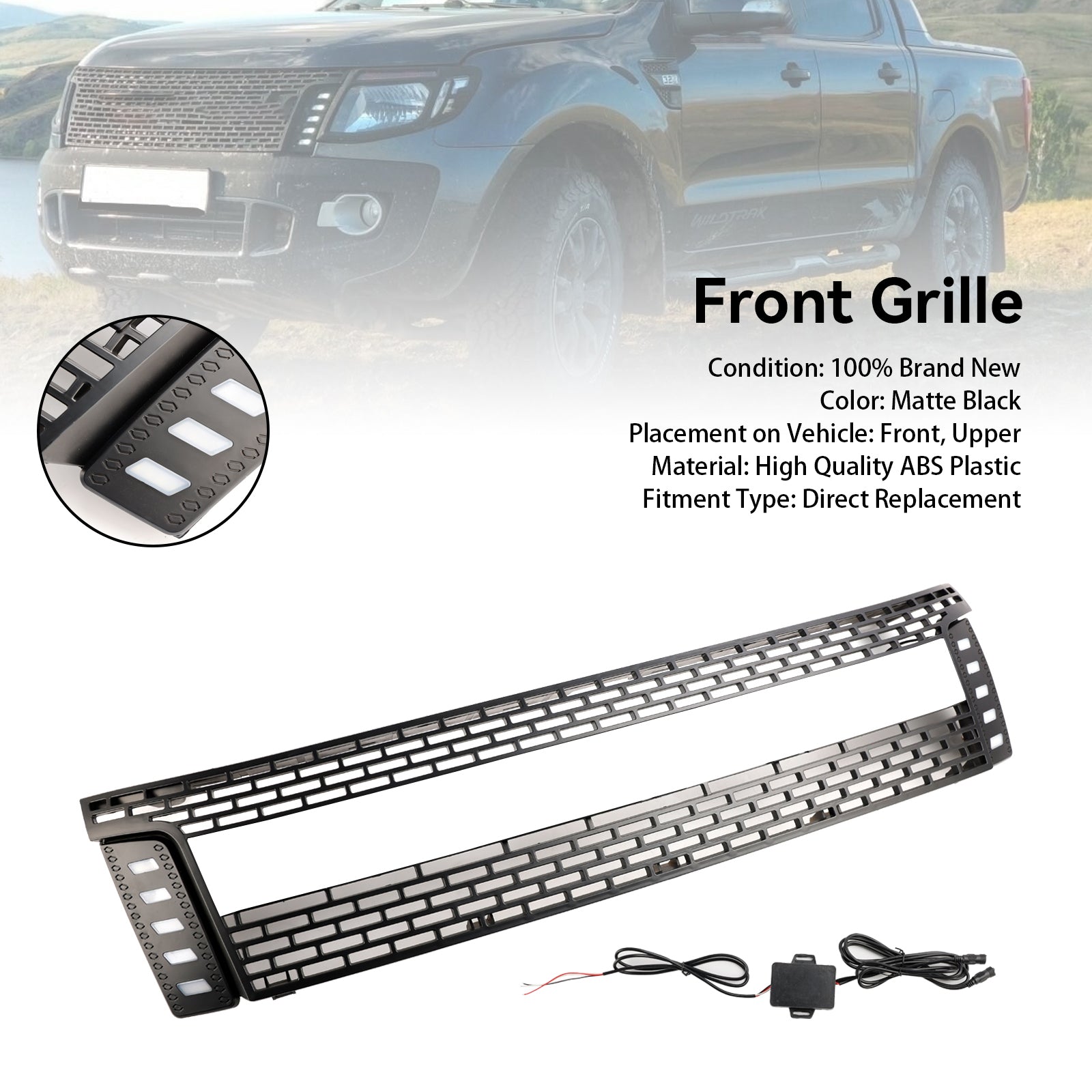 Matt Black Front Bumper Grill Grille Fit 2012-2014 Ford Ranger T6 w/ LED Light