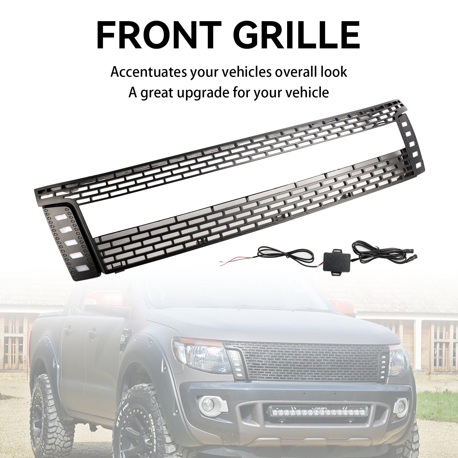 Matt Black Front Bumper Grill Grille Fit 2012-2014 Ford Ranger T6 w/ LED Light