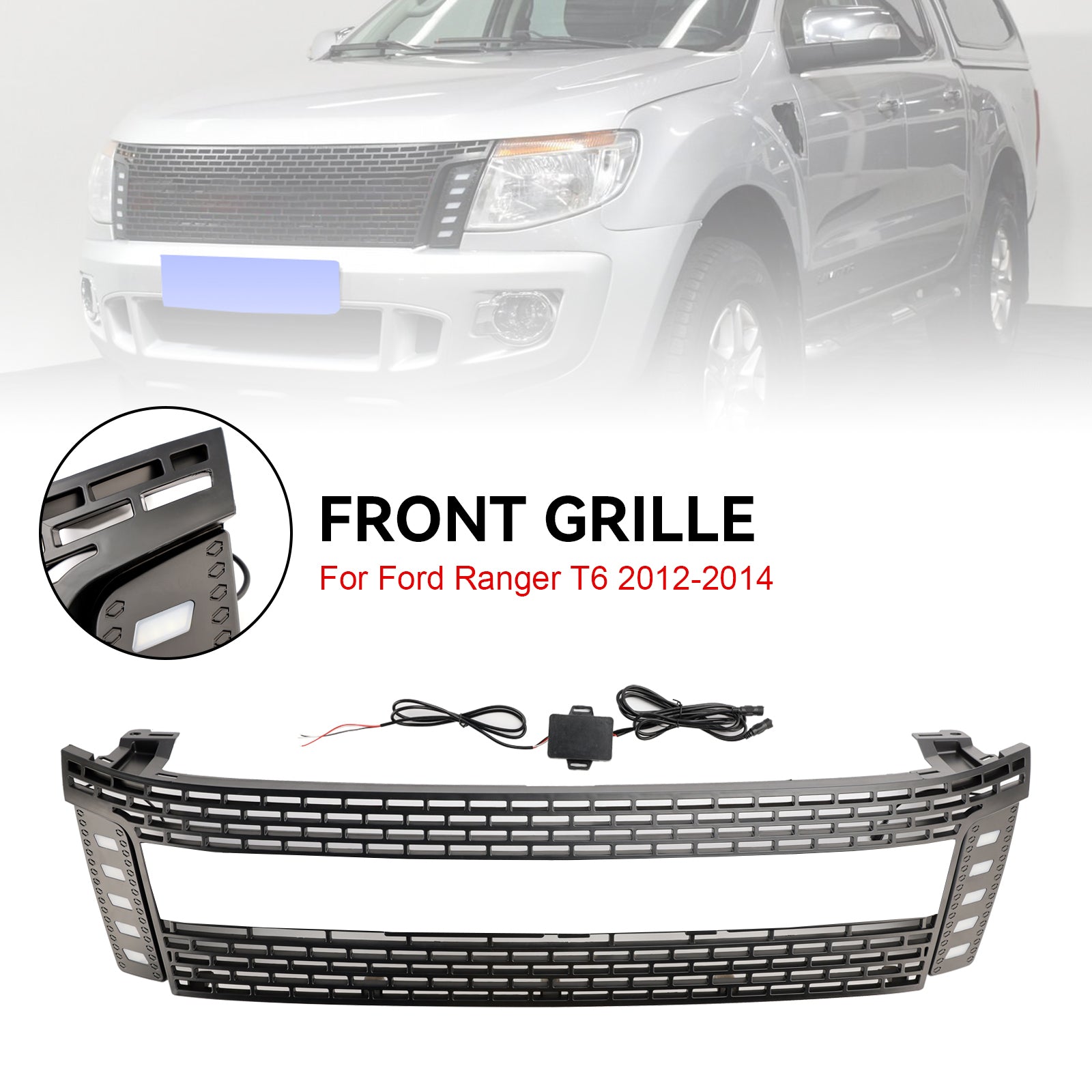 Matt Black Front Bumper Grill Grille Fit 2012-2014 Ford Ranger T6 w/ LED Light