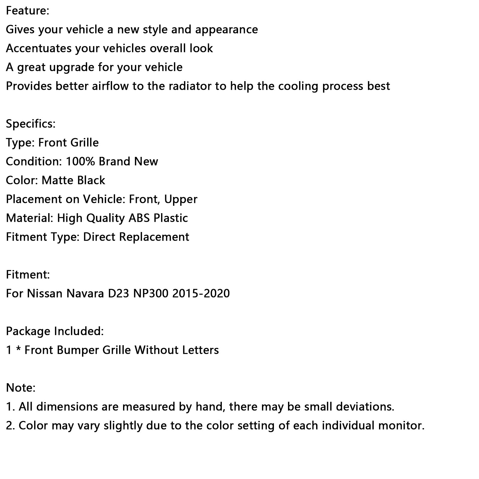 Nissan Navara NP300 D23 Black Mesh Grill 2015-2020 Upper Bumper Front Grille