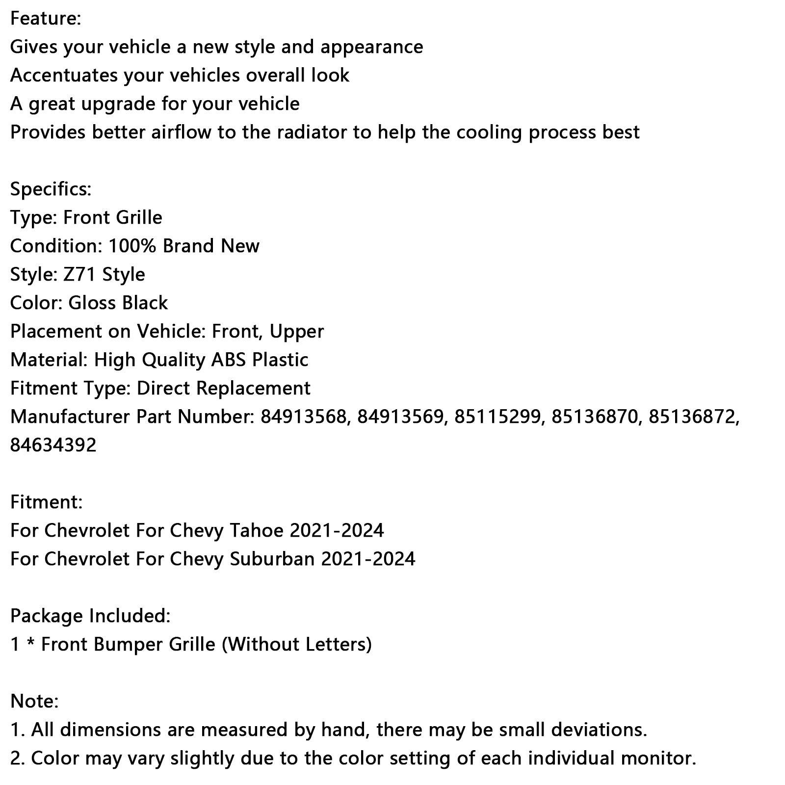 2021-2024 Chevrolet For Chevy Tahoe Z71-Look Front Bumper Grille Black