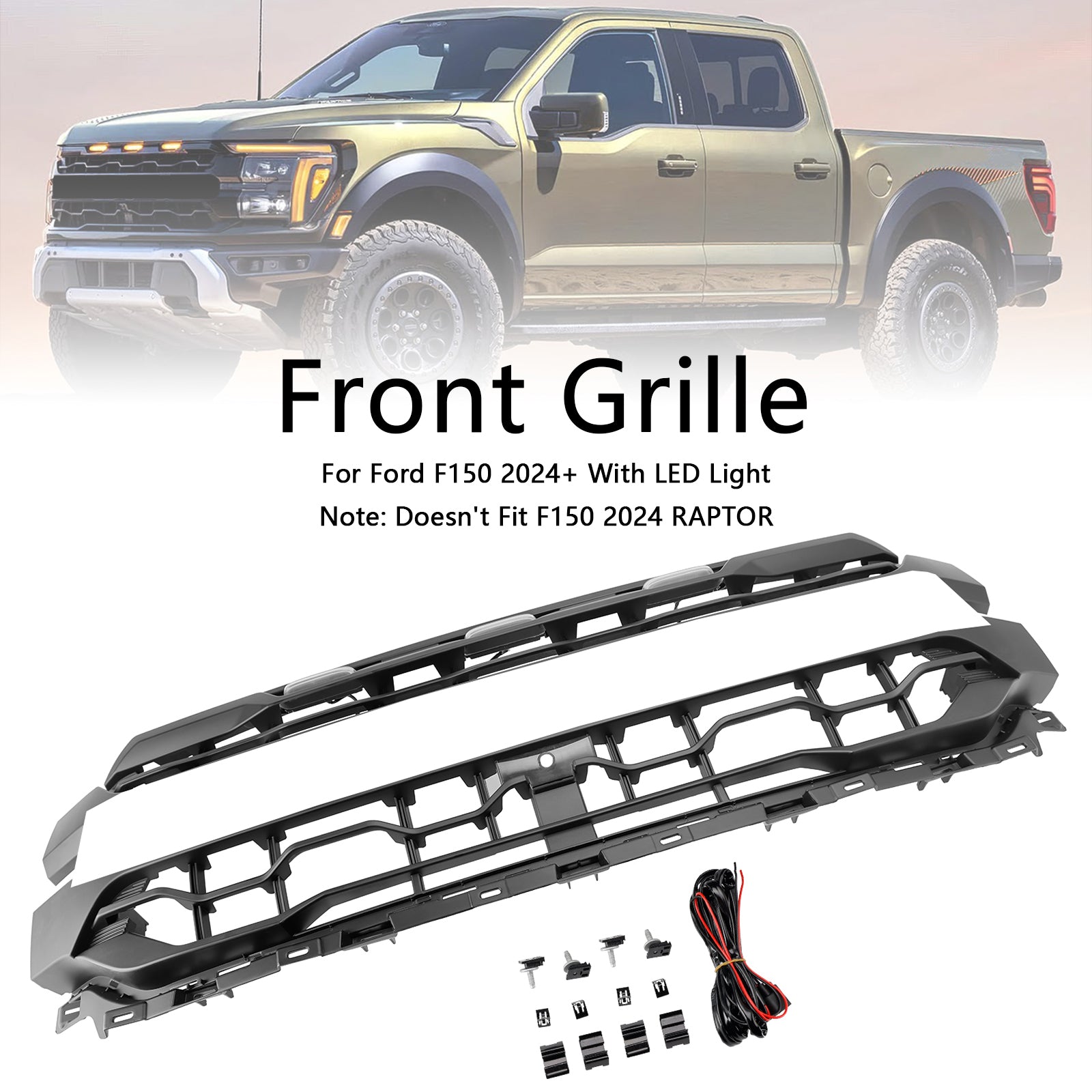 Ford F150 Front Bumper Grille Raptor Style 2024-2025 Black Replacement Grill With LED