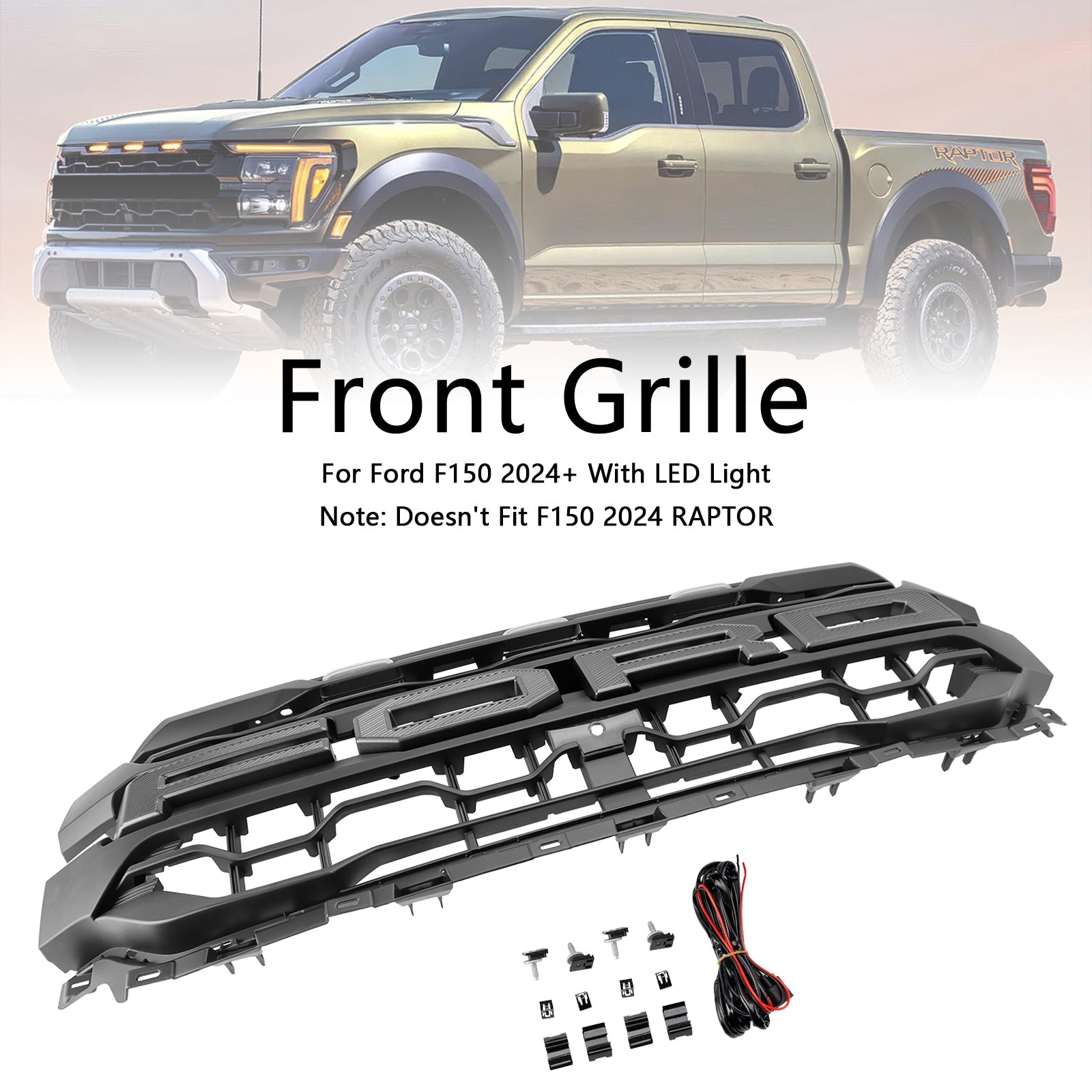 2024 2025 Ford F150 Black Grille Front Bumper Raptor Style Grill W/ LED Light & Letter