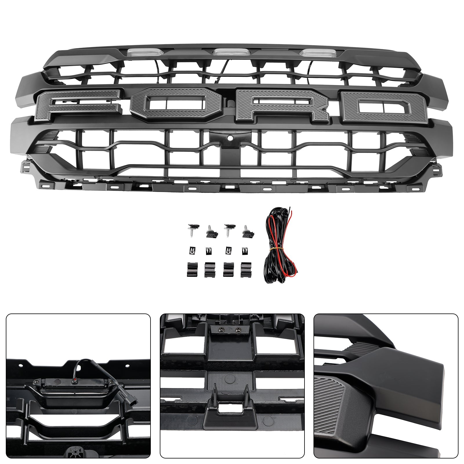 2024 2025 Ford F150 Black Grille Front Bumper Raptor Style Grill W/ LED Light & Letter