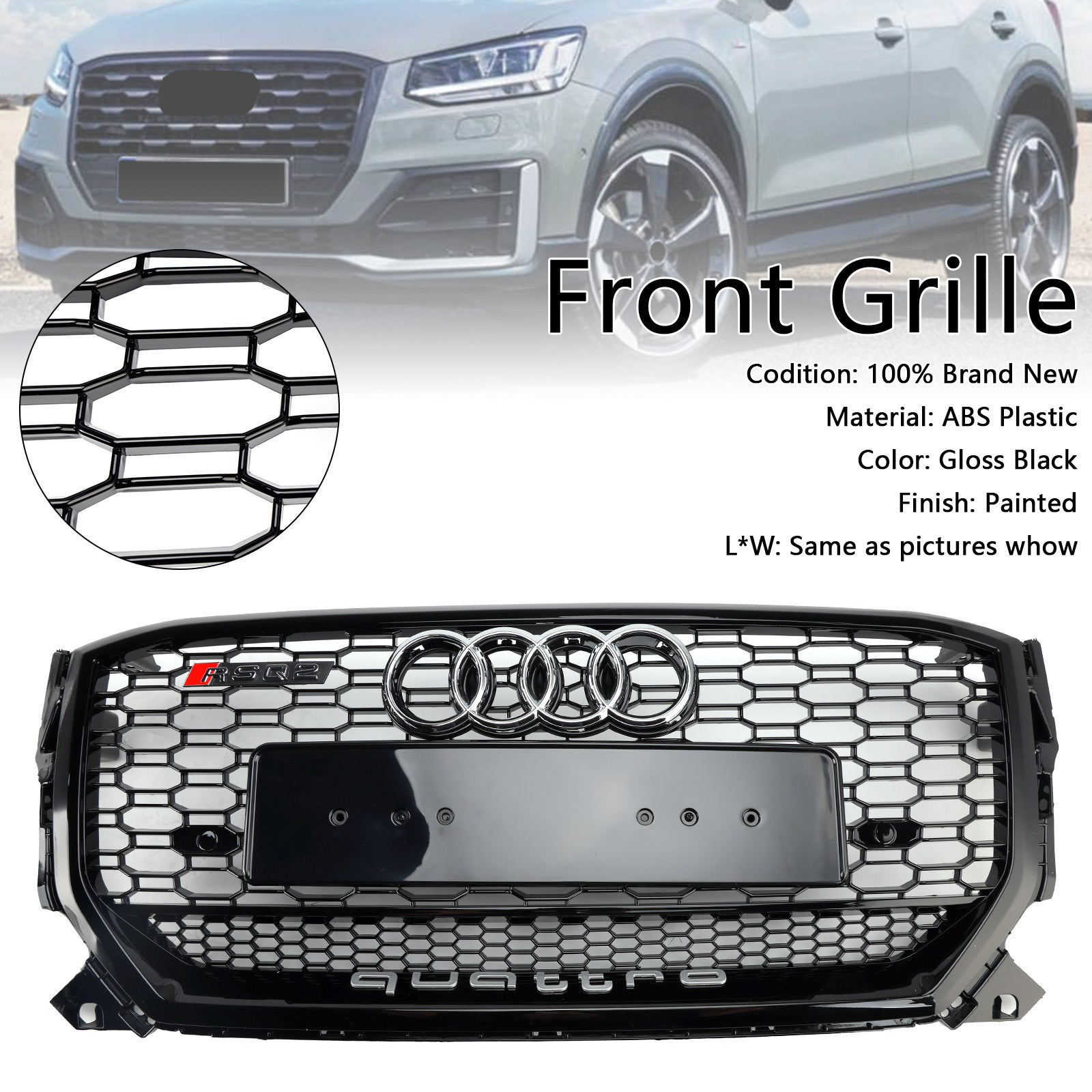 2016-2020 Audi Q2 Pre-Facelift Gloss Black Front Honeycomb Grille Grill