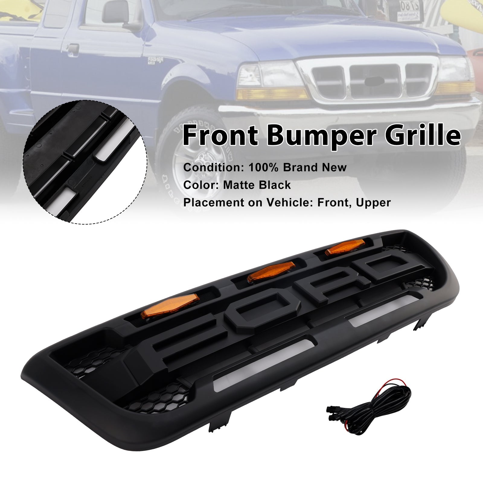 1998-2000 Ford Ranger With LED Light Matt Black Front Bumper Grill Grille
