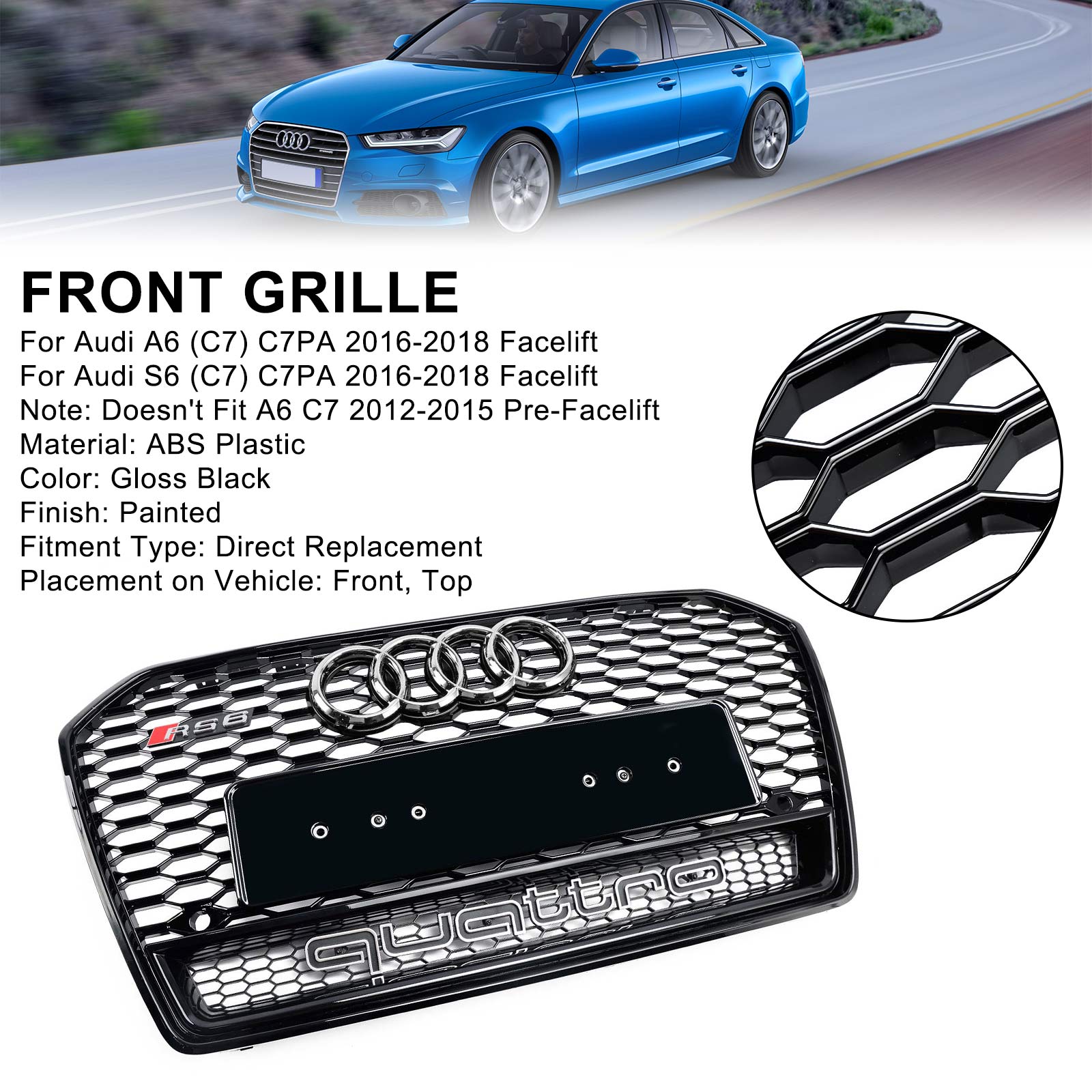 2016 2017 2018 Audi A6 S6 C7 C7PA RS6 Style Honeycomb Mesh Front Grill Grille Black