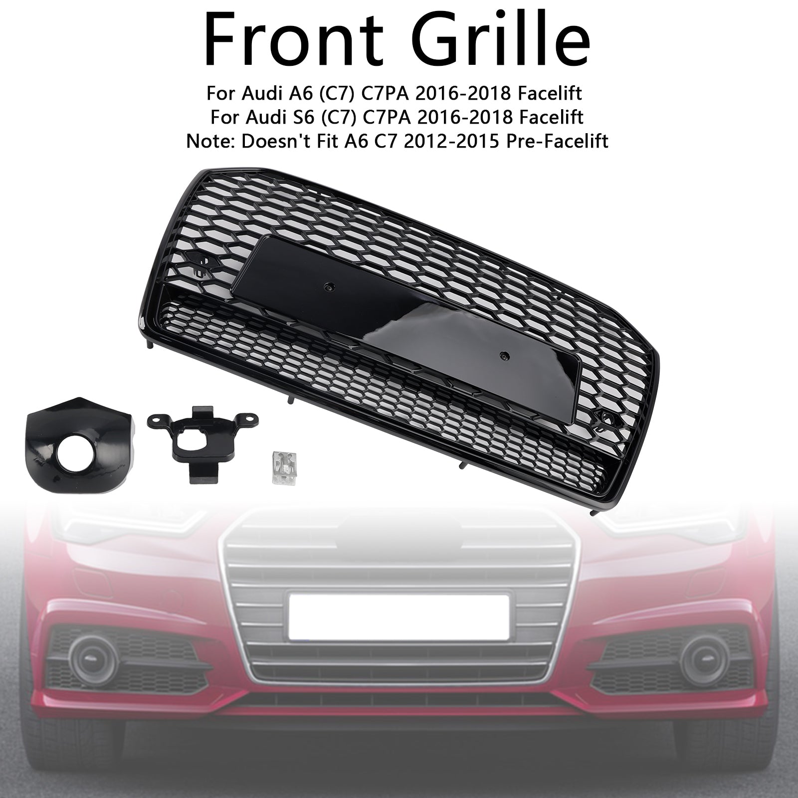 RS6 Style Honeycomb Mesh Front Grille Grill Fit Audi A6 S6 C7 2016-2018 Black