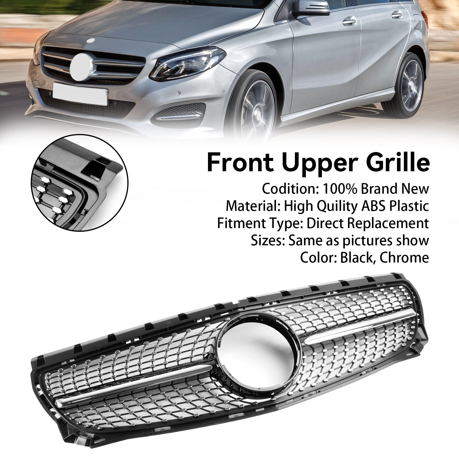 Front Bumper Grill Grille Fit Mercedes Benz B-Class W246 2011-2014 Diamond