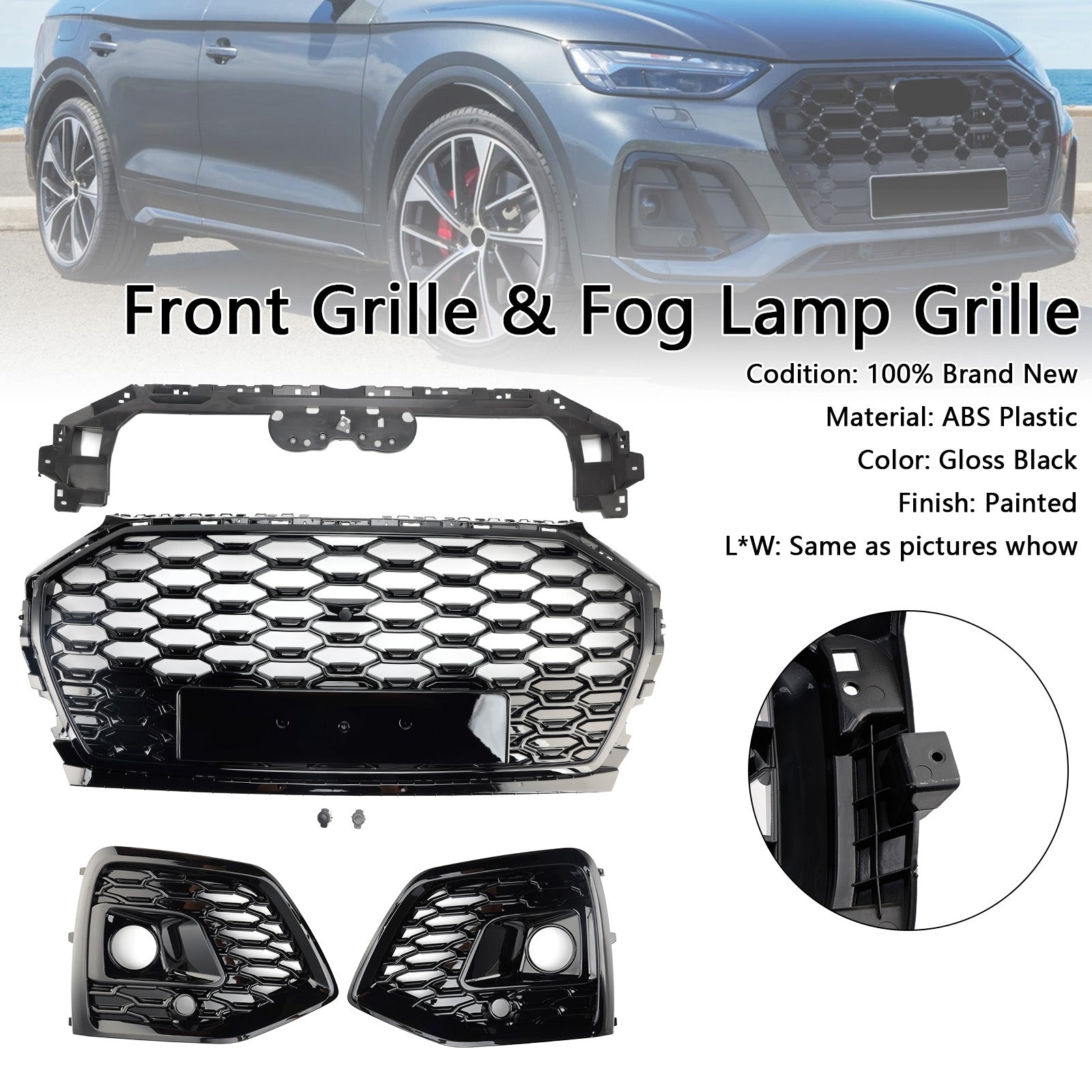 2021-2025 Audi Q5 Front Bumper Grille Honeycomb Grill & Fog Light Cover