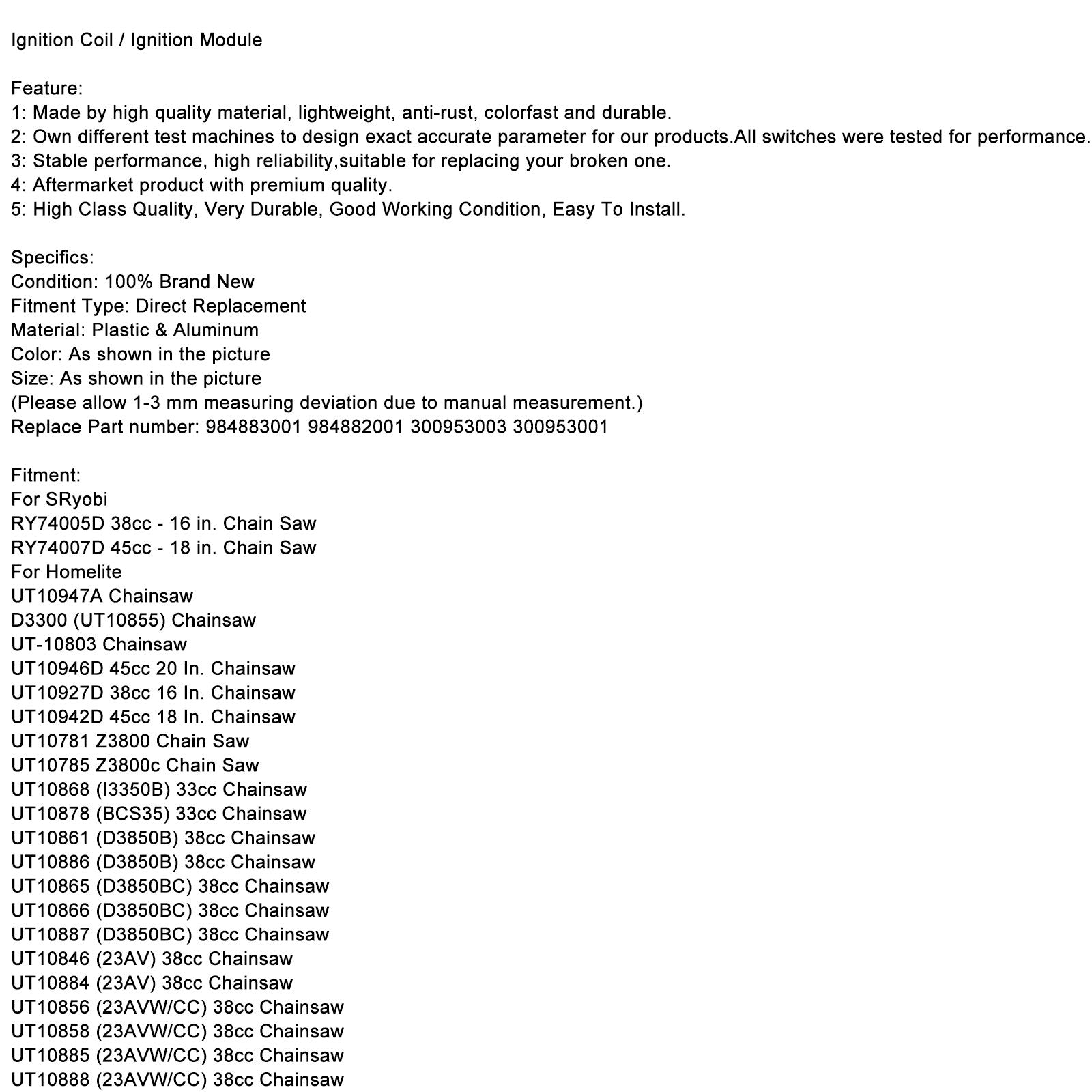 Ignition Coil For Homelite 38cc 45cc 33cc Chainsaw 300953003 300953001 984882001 CA Market