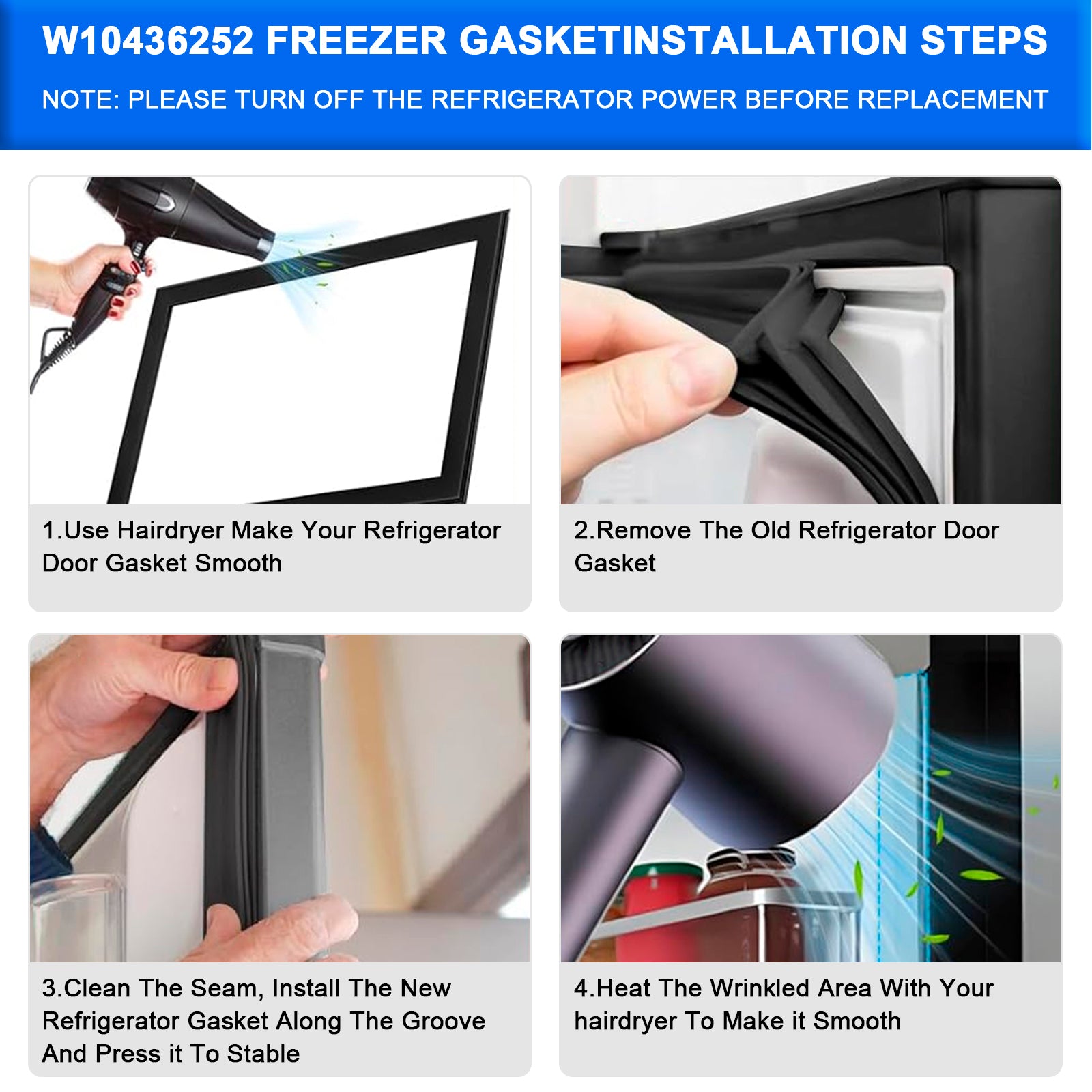 2 Pcs DA97-12522J Freezer Door Gasket for Samsung Refrigerator AP5623489 3973455