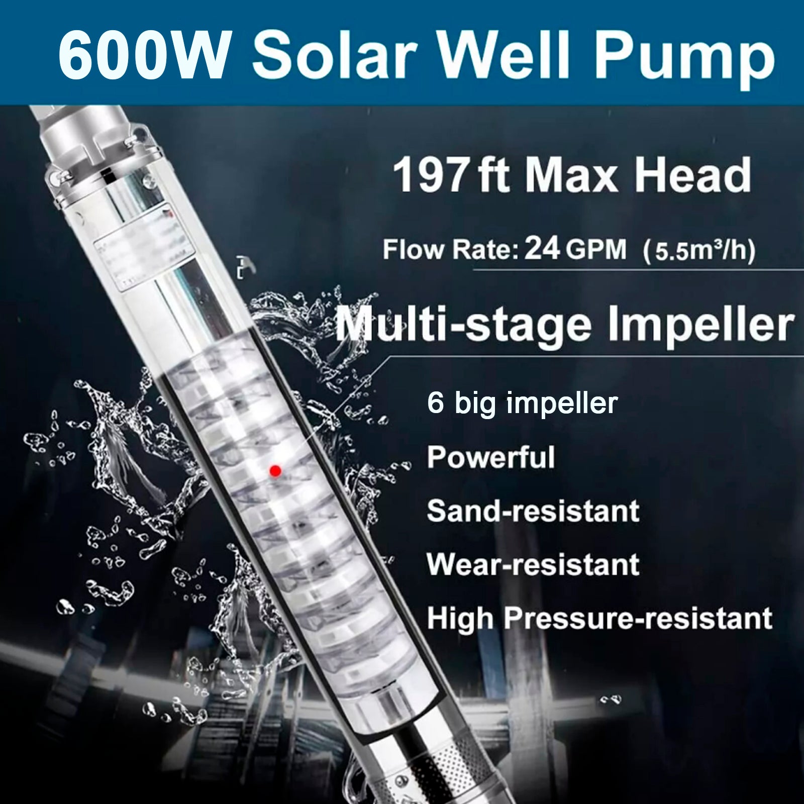 3" 600W Solar Submersible Pump 48V DC Deep Well Pump with MPPT Controller, 197ft Head, 1452 GPH Flow for Farm, Garden, Pool, Industrial Use