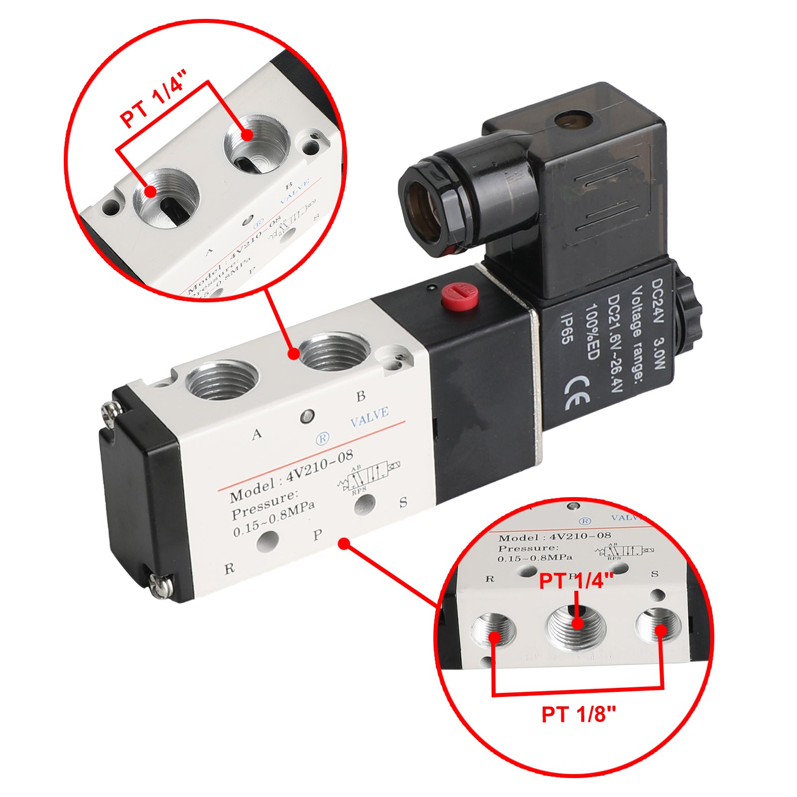 4V210-08 5 Way 2 Position Dc 24V Pneumatic Electric Solenoid Air Valve