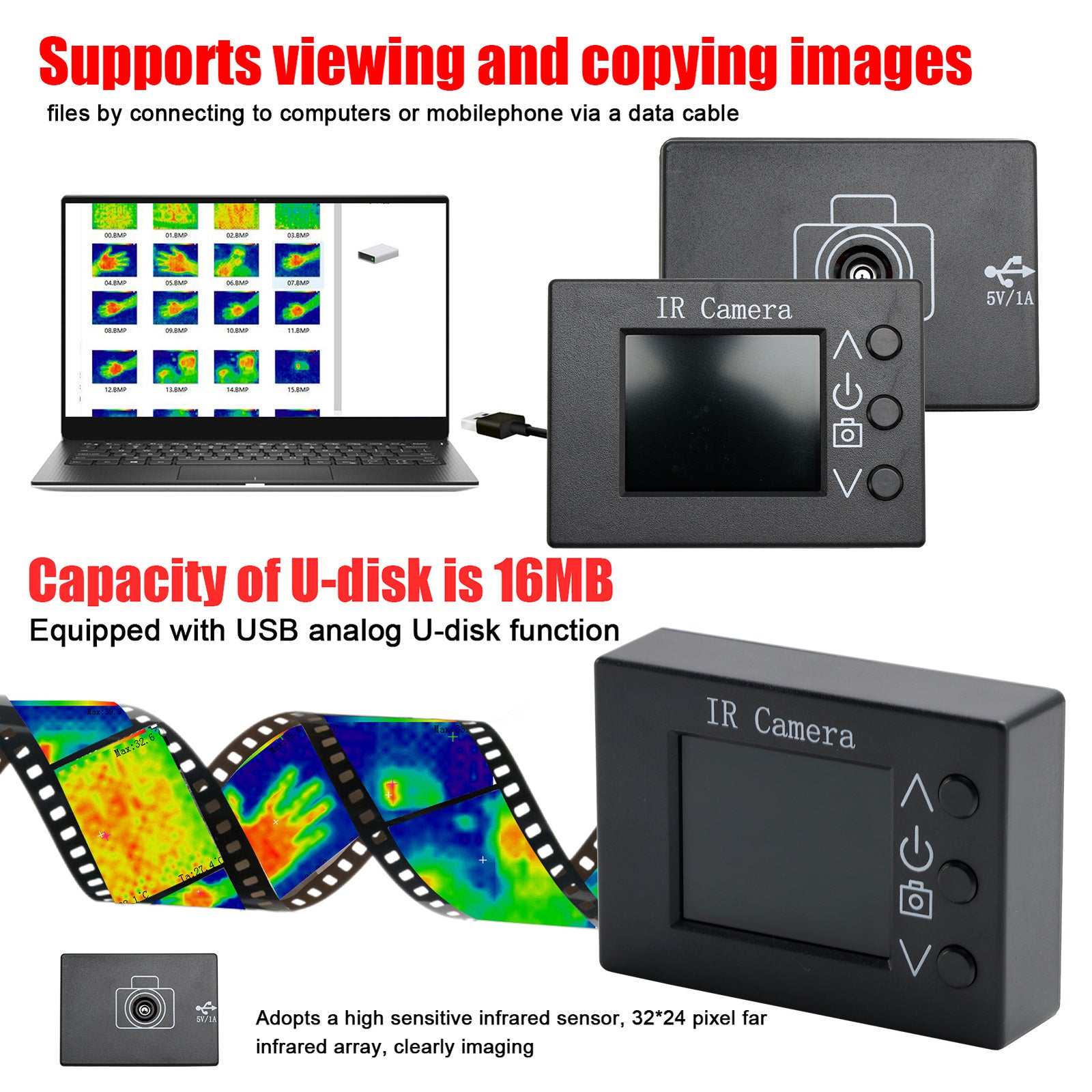 MLX90640 32x24 디지털 적외선 열화상 카메라 (1.8인치 TFT 디스플레이 포함)