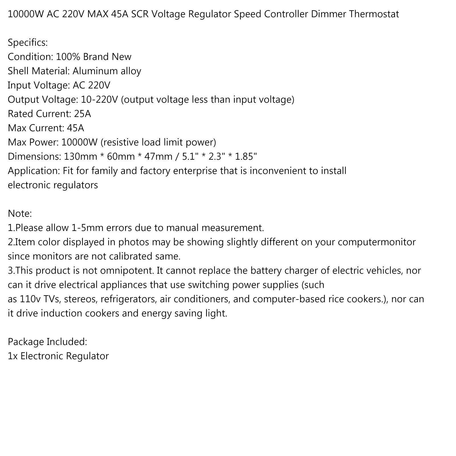 AC 110-220V 10000W SCR Motor Speed Controller Volt Regulator Dimmer Thermostat