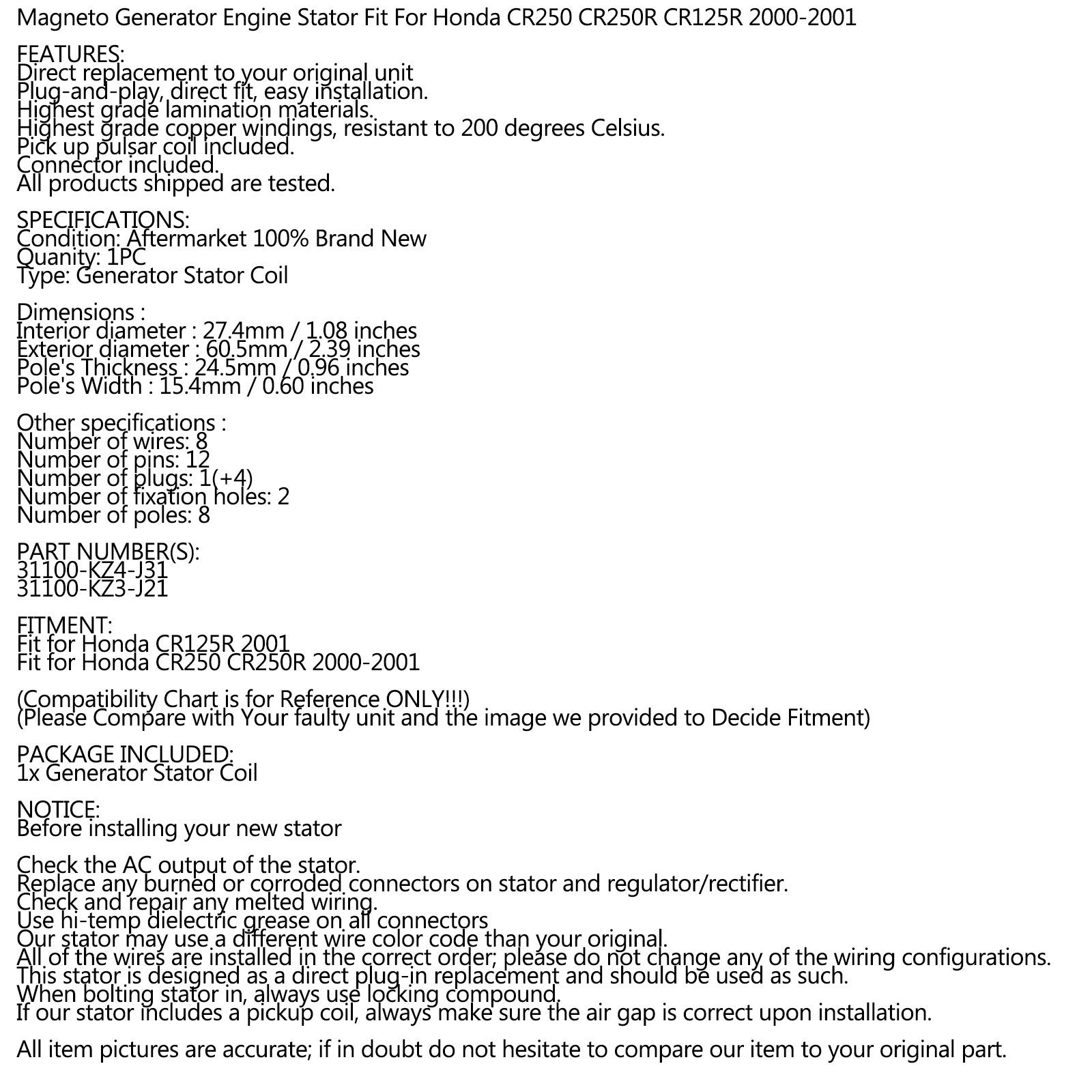 혼다 CR 125 CR125R 2000-2001용 마그네토 발전기 엔진 스테이터 31100-KZ4-J31 31100-KZ4-A91 일반 CA 시장