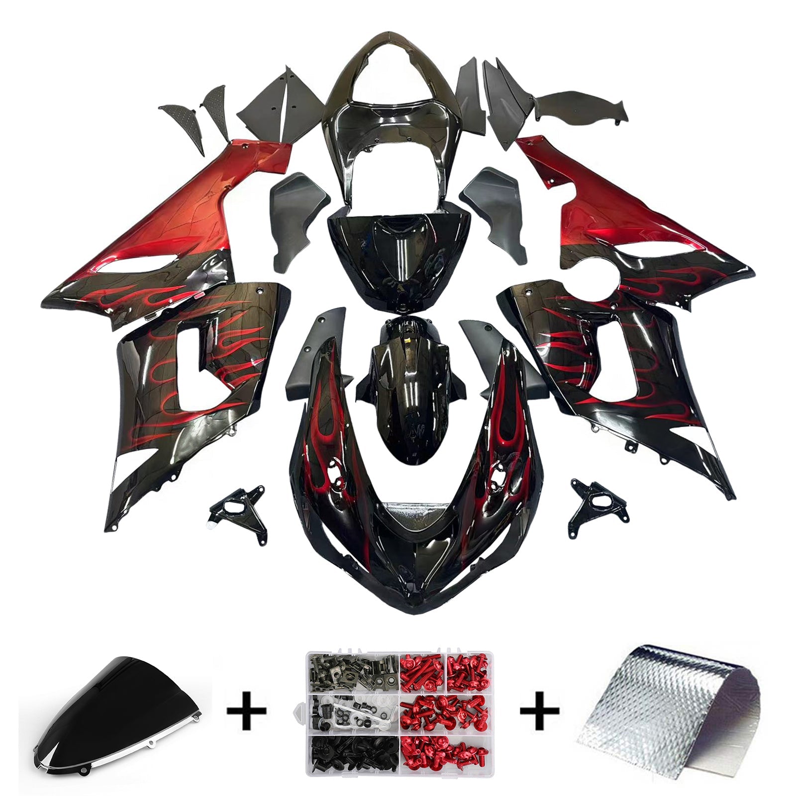 페어링 2005-2006 가와사키 ZX6R 636 블랙 & 레드 플레임 닌자 제네릭