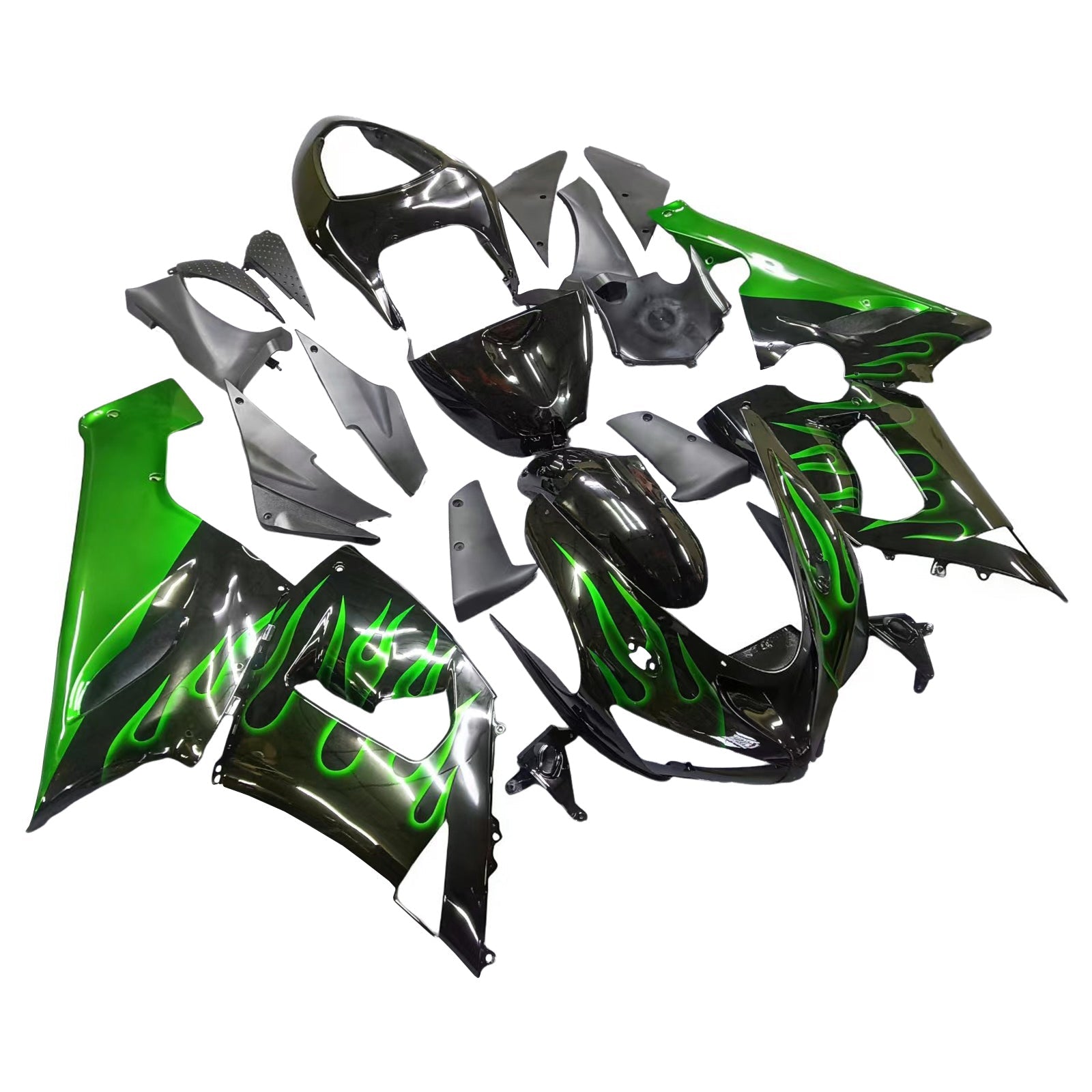 Carenados 2005-2006 Kawasaki ZX6R 636 Negro y Verde Flame Ninja Genérico