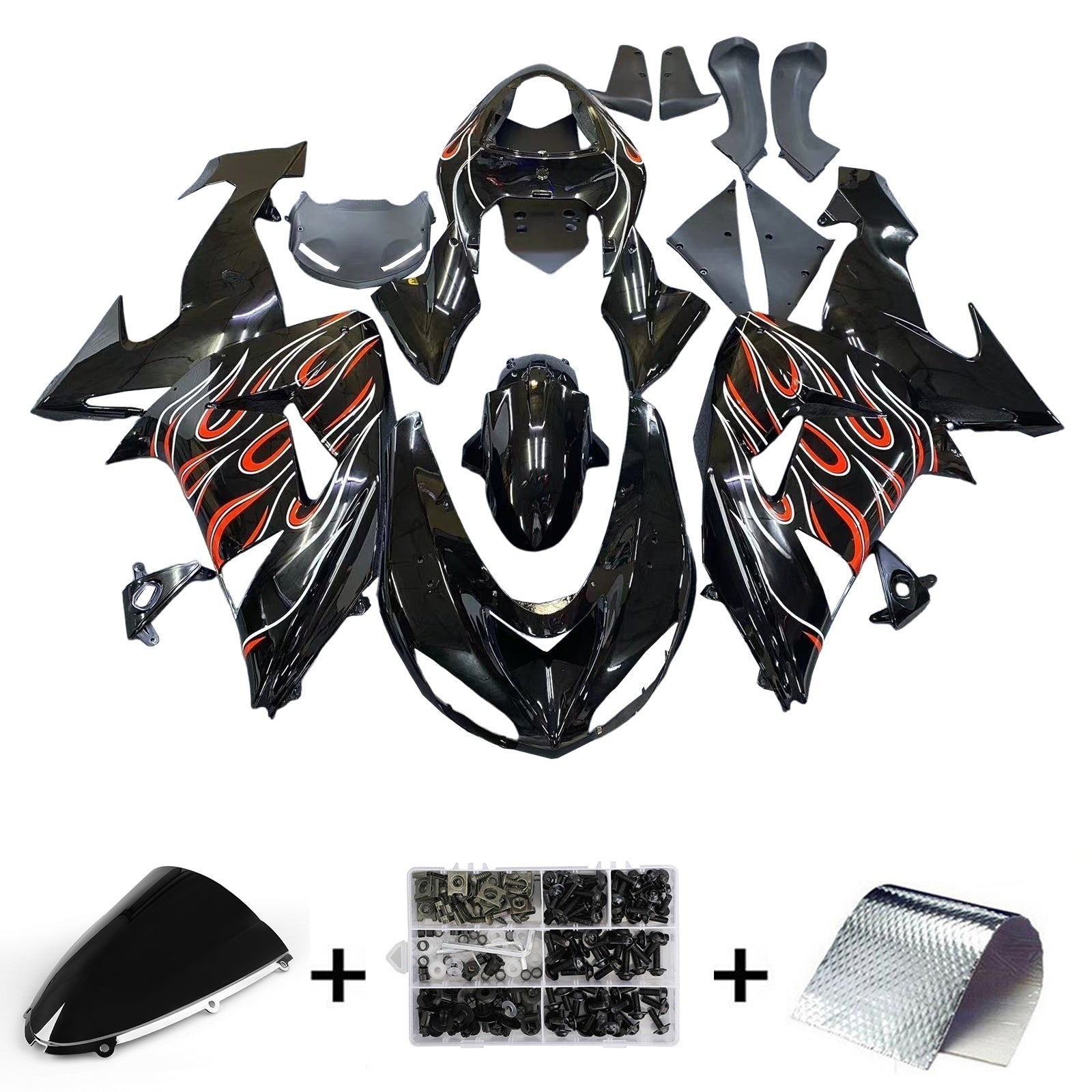 Fairings 2006-2007 Kawasaki ZX 10R Black Red Flame Generic