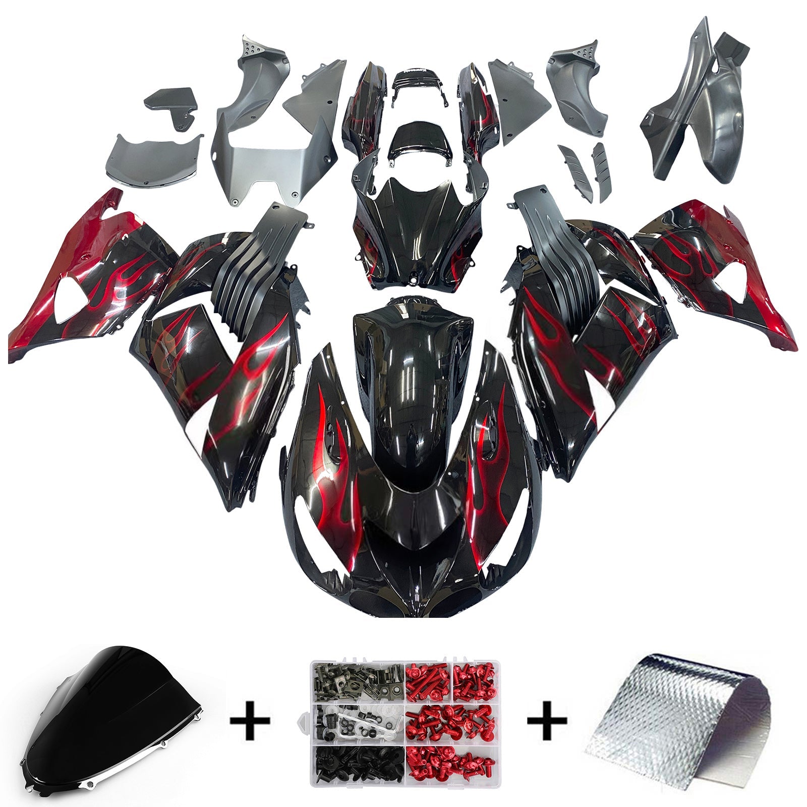 페어링 2006-2011 가와사키 ZX14R 블랙 & 레드 플레임 닌자 제네릭