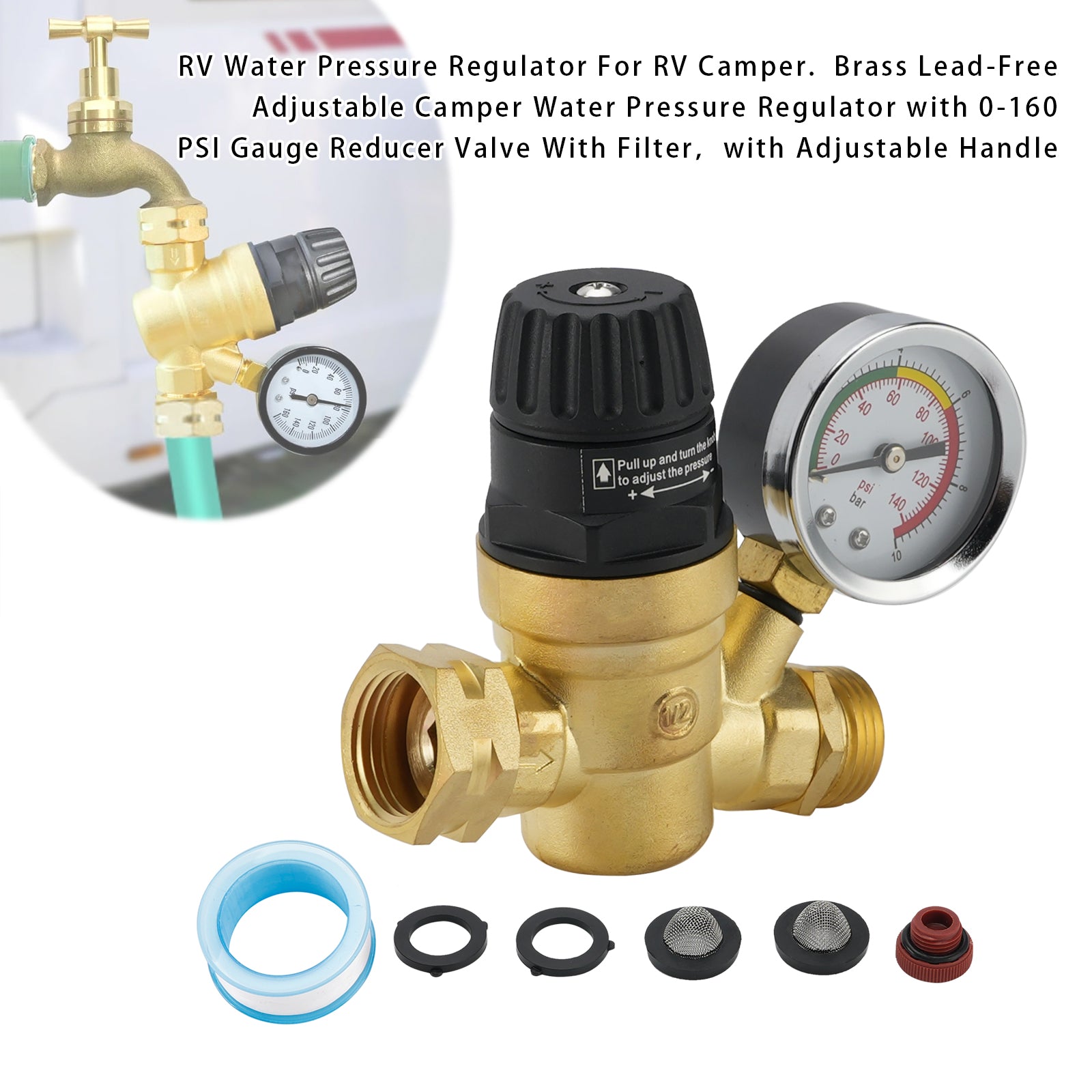 RV Water Pressure Regulator For RV Camper. Brass Lead-Free Adjustable
