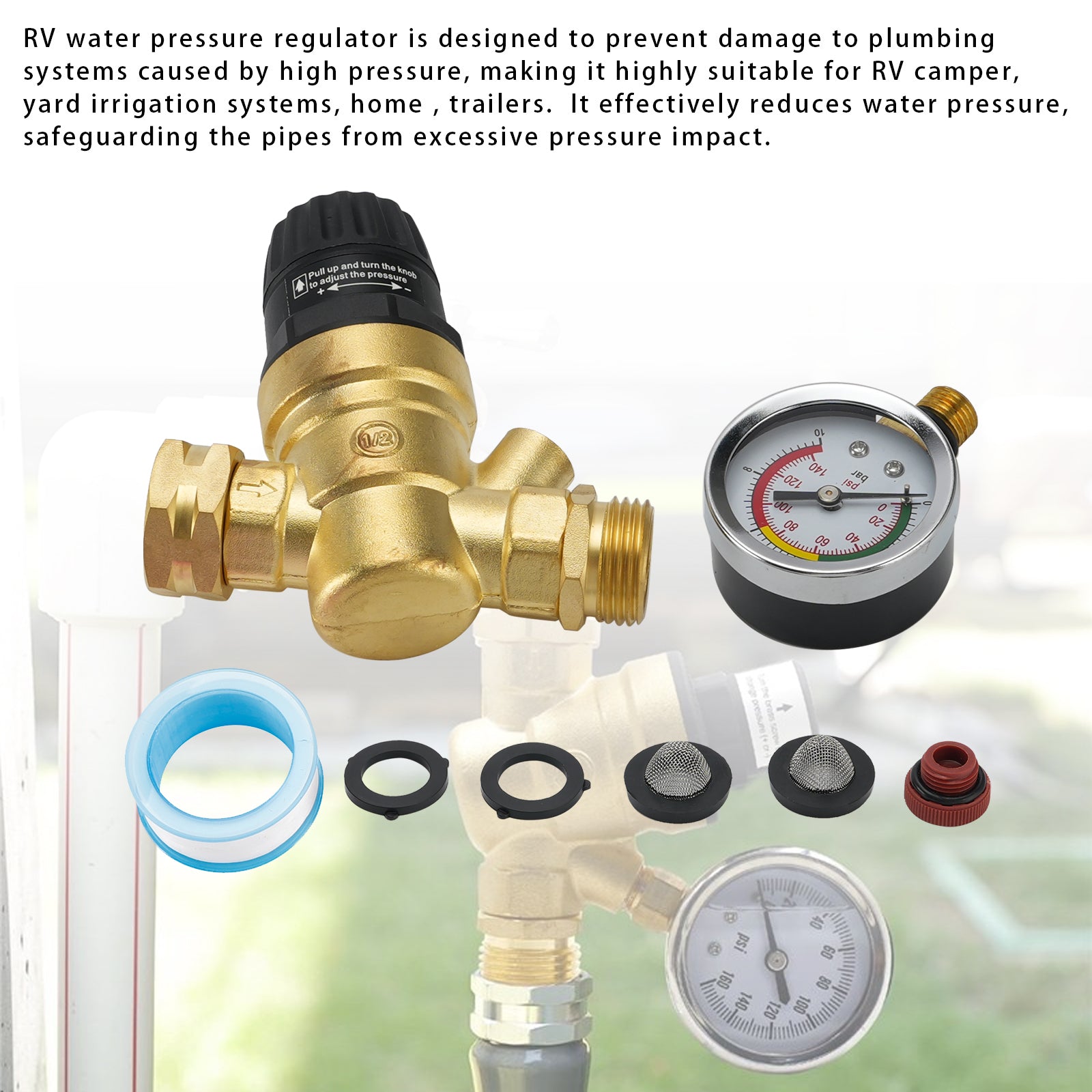 RV Water Pressure Regulator For RV Camper. Brass Lead-Free Adjustable