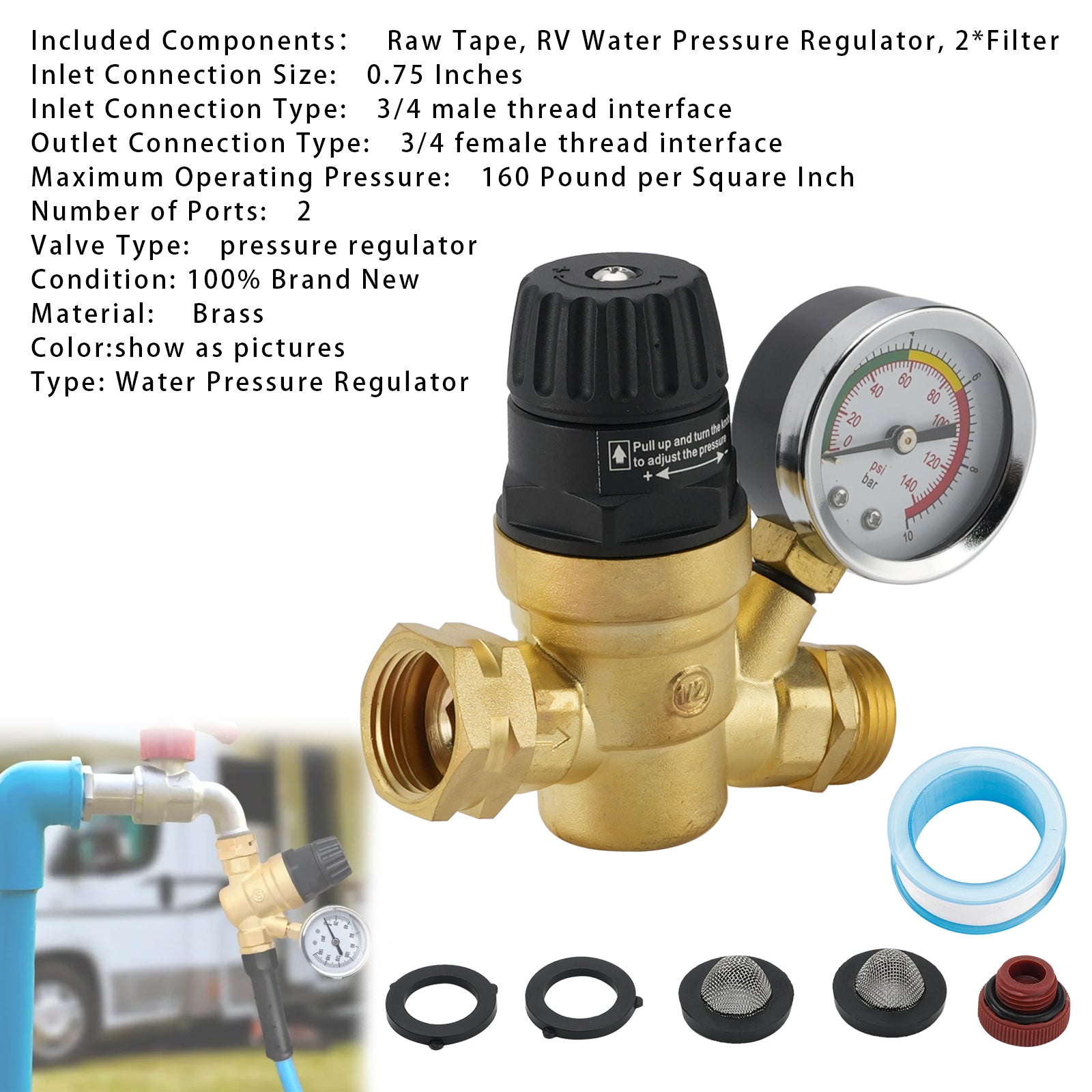 RV Water Pressure Regulator For RV Camper. Brass Lead-Free Adjustable
