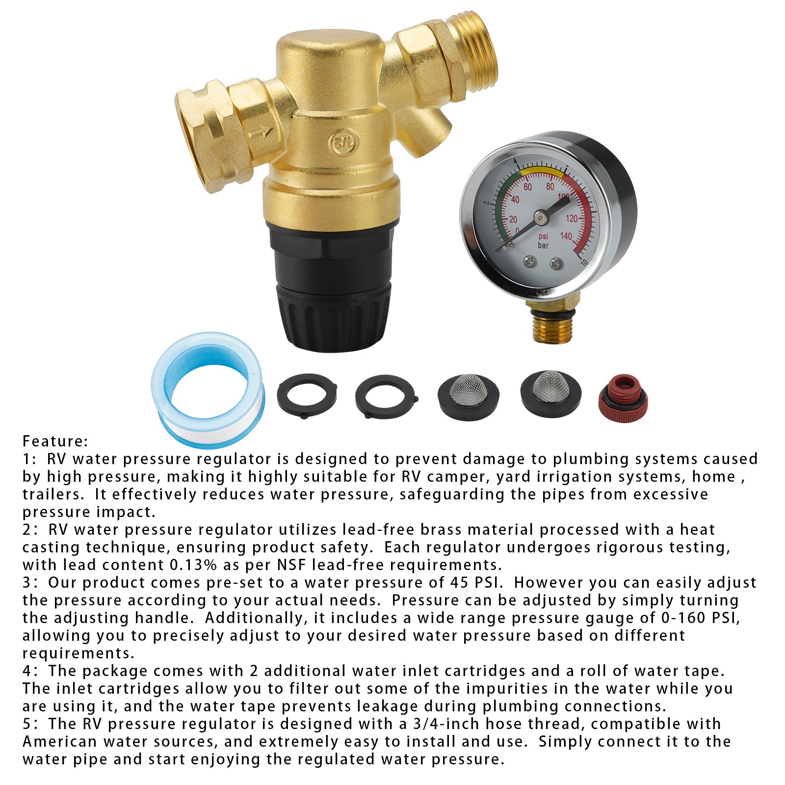 RV Water Pressure Regulator For RV Camper. Brass Lead-Free Adjustable