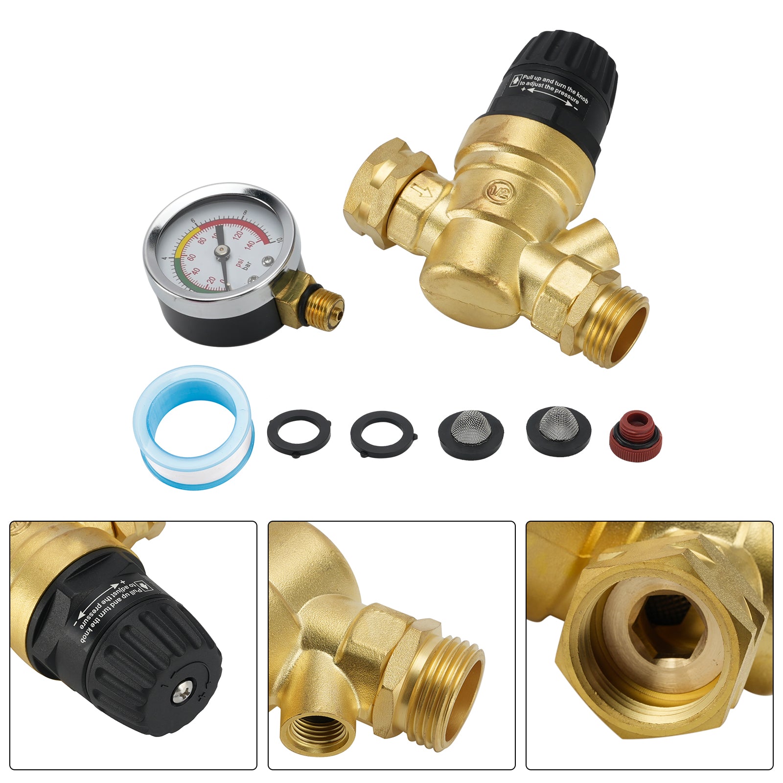 RV Water Pressure Regulator For RV Camper. Brass Lead-Free Adjustable