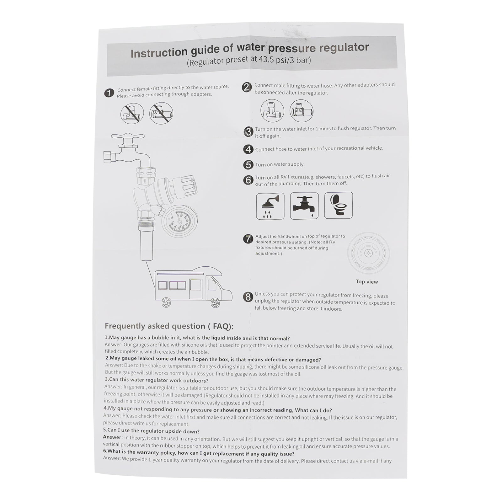RV Water Pressure Regulator For RV Camper. Brass Lead-Free Adjustable