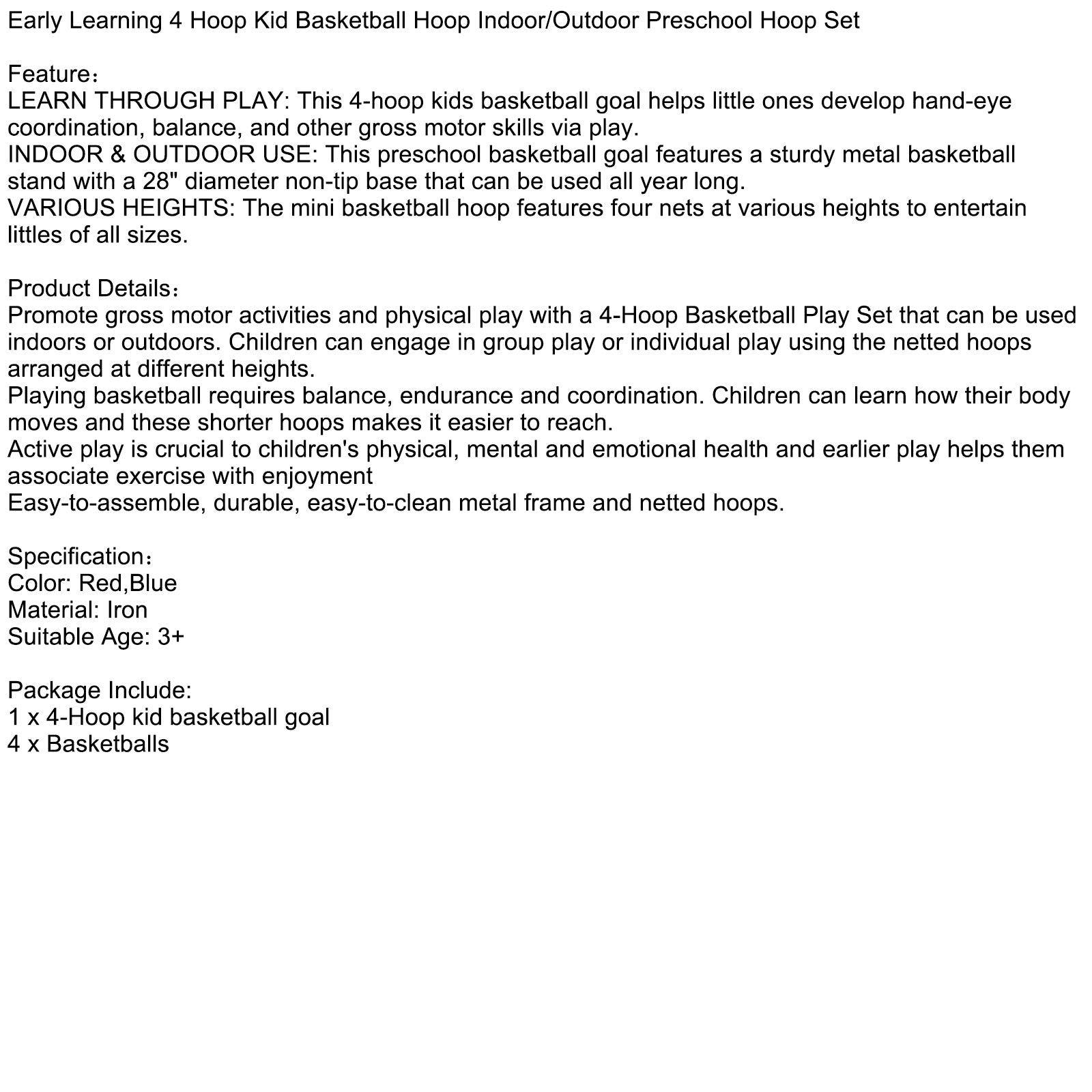 Early Learning 4 Hoop Kid Basketball Hoop Indoor/Outdoor Preschool Hoop Set