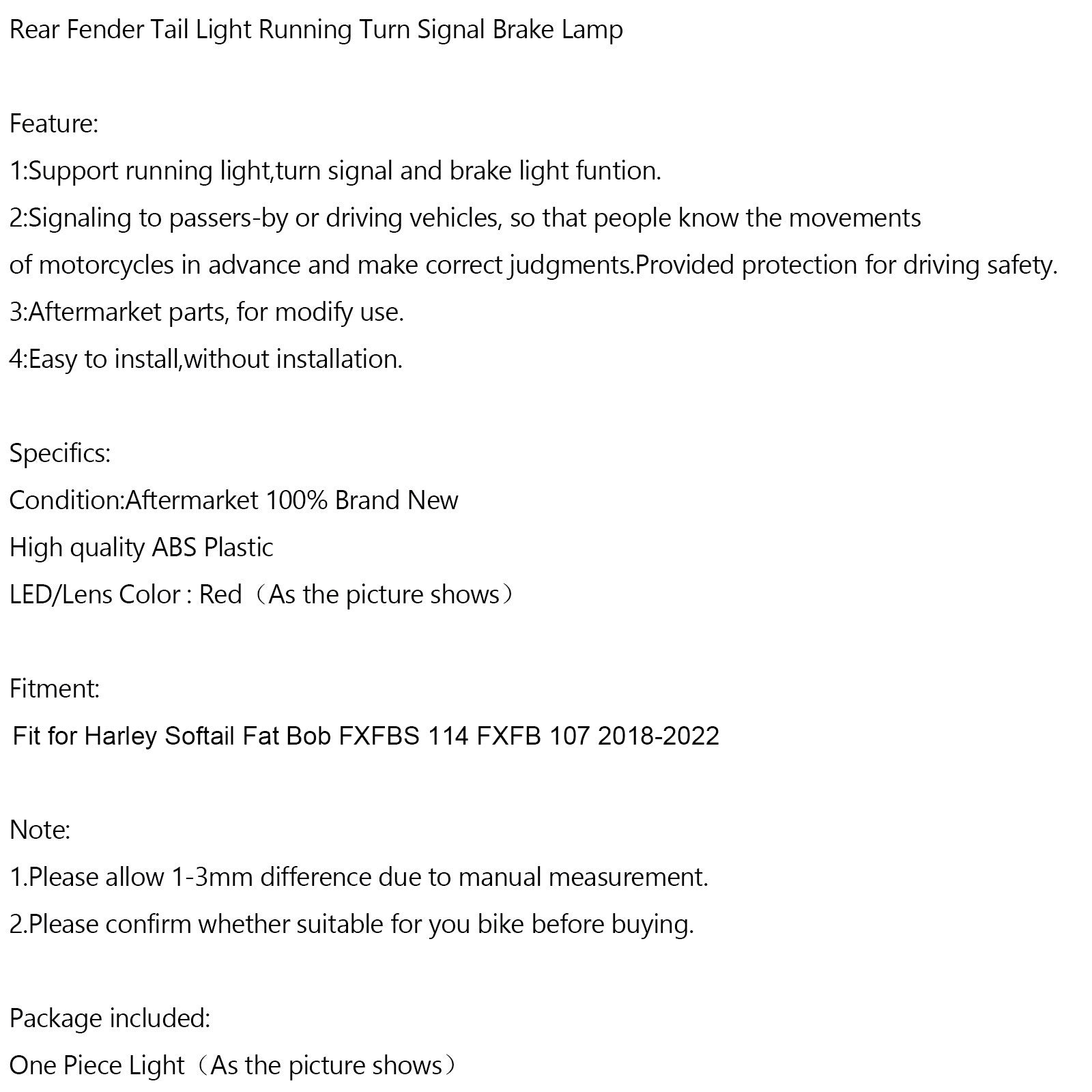 Softail 2018-2022 Rear Fender Tail Light Running Turn Signal Brake Lamp