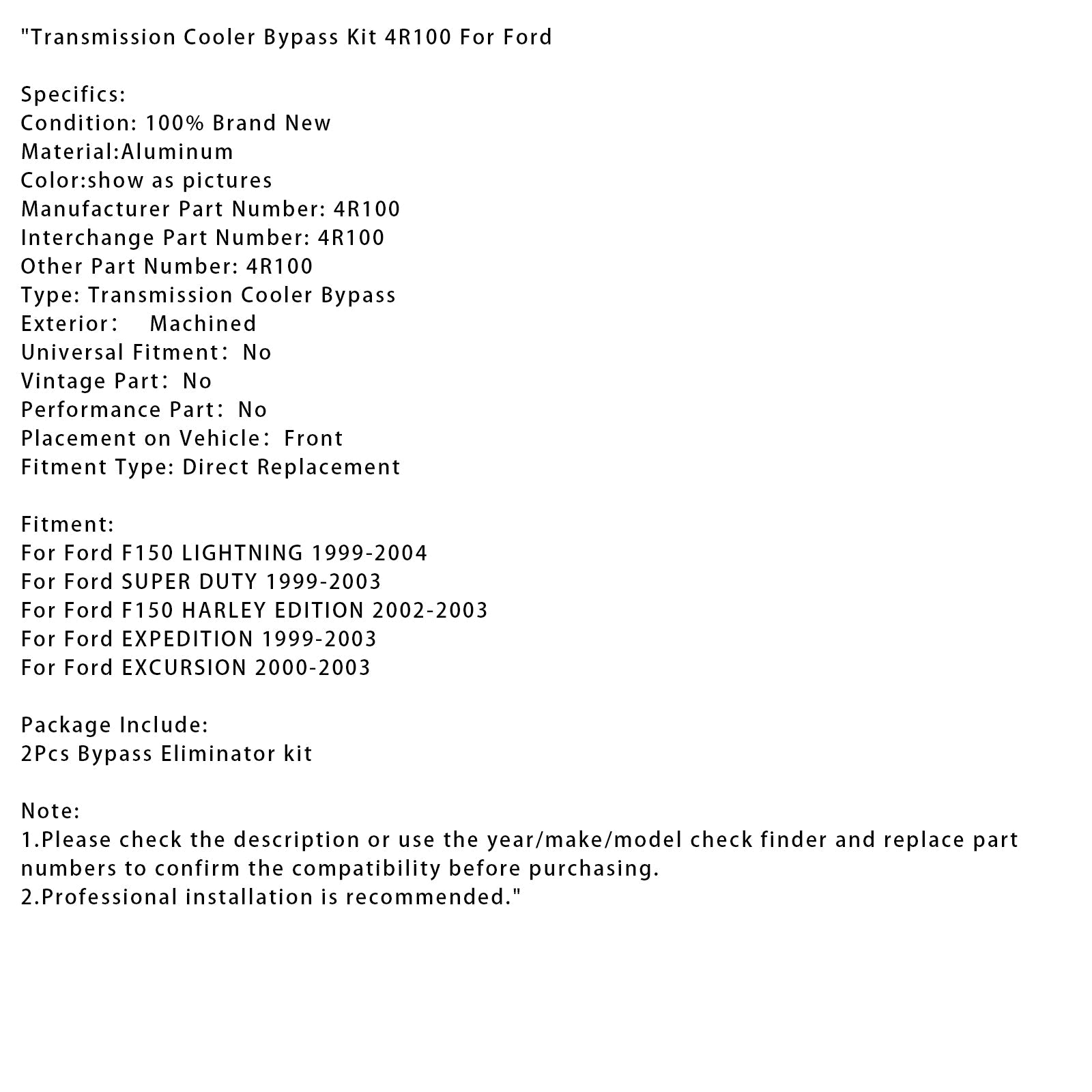 Transmission Cooler Bypass Kit 4R100 For Ford